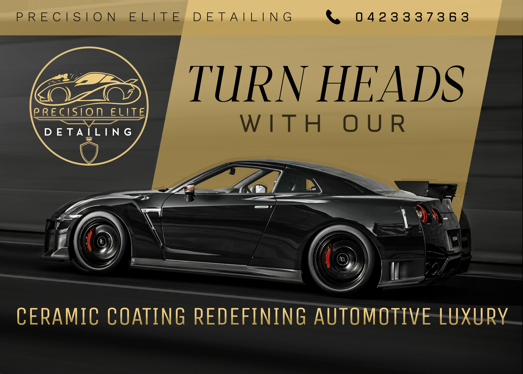 A black sports car driving at high speed on a race track with blurred background. The image has text and branding for Precision Elite Detailing, including a logo of a stylized car and a phone number.