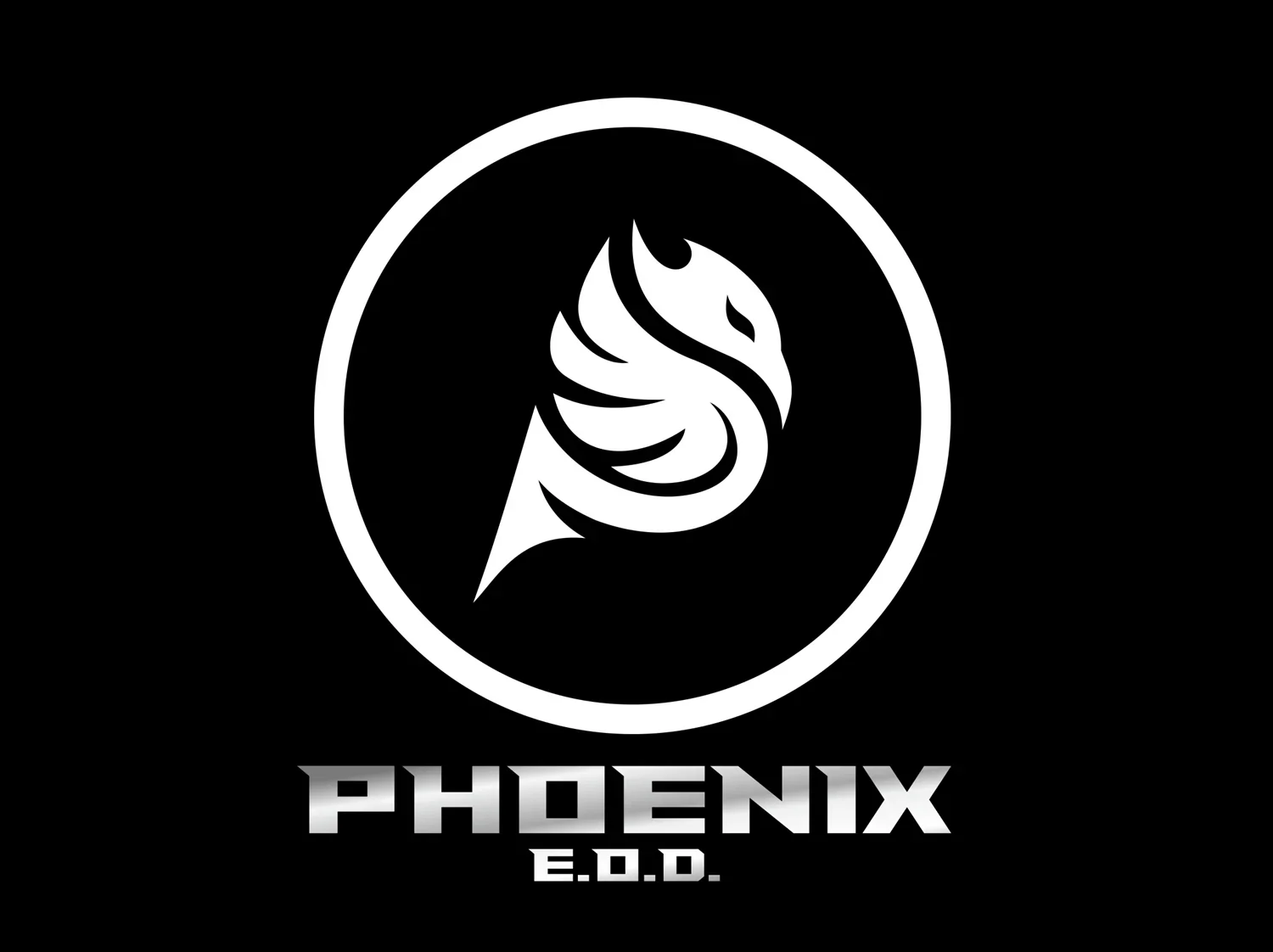 Black background with a white circular logo featuring a stylized phoenix flame design inside a circle. Below the logo, the text 'PHOENIX' appears in bold, metallic font with 'E.O.D.' underneath.