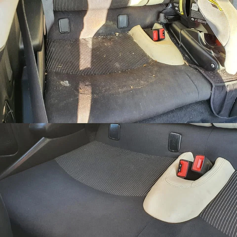 Comparison of car seat before and after cleaning, showing a dirtier, dusty rear seat in the top image and a clean, tidy rear seat in the bottom image.