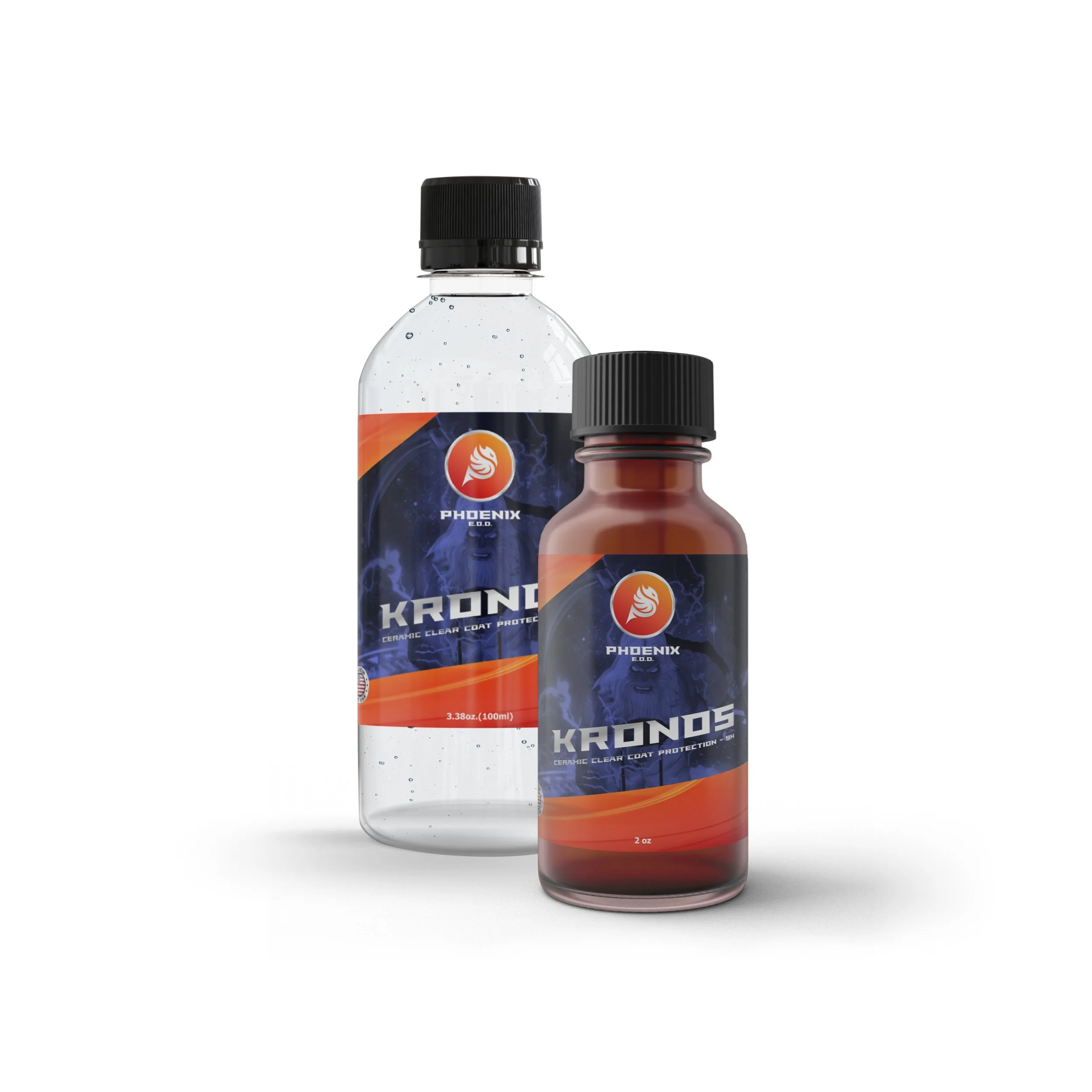 Two bottles of Kronos ceramic clear coat protective spray, one with a black cap and the other with a red and black cap, on a white background.