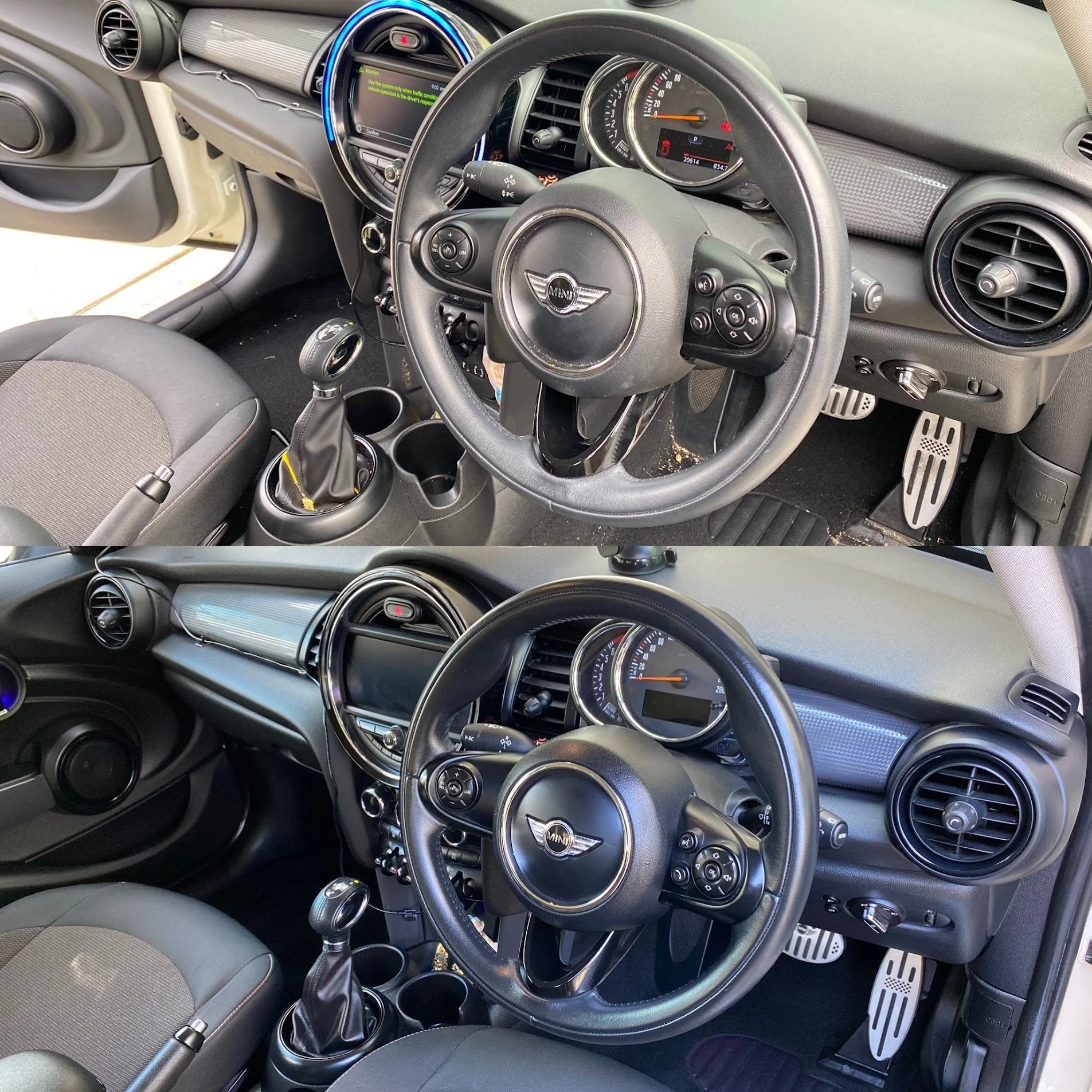 Interior of a Mini Cooper car showing the steering wheel, dashboard with speedometer and digital display, air vents, gear shift, and front seats.