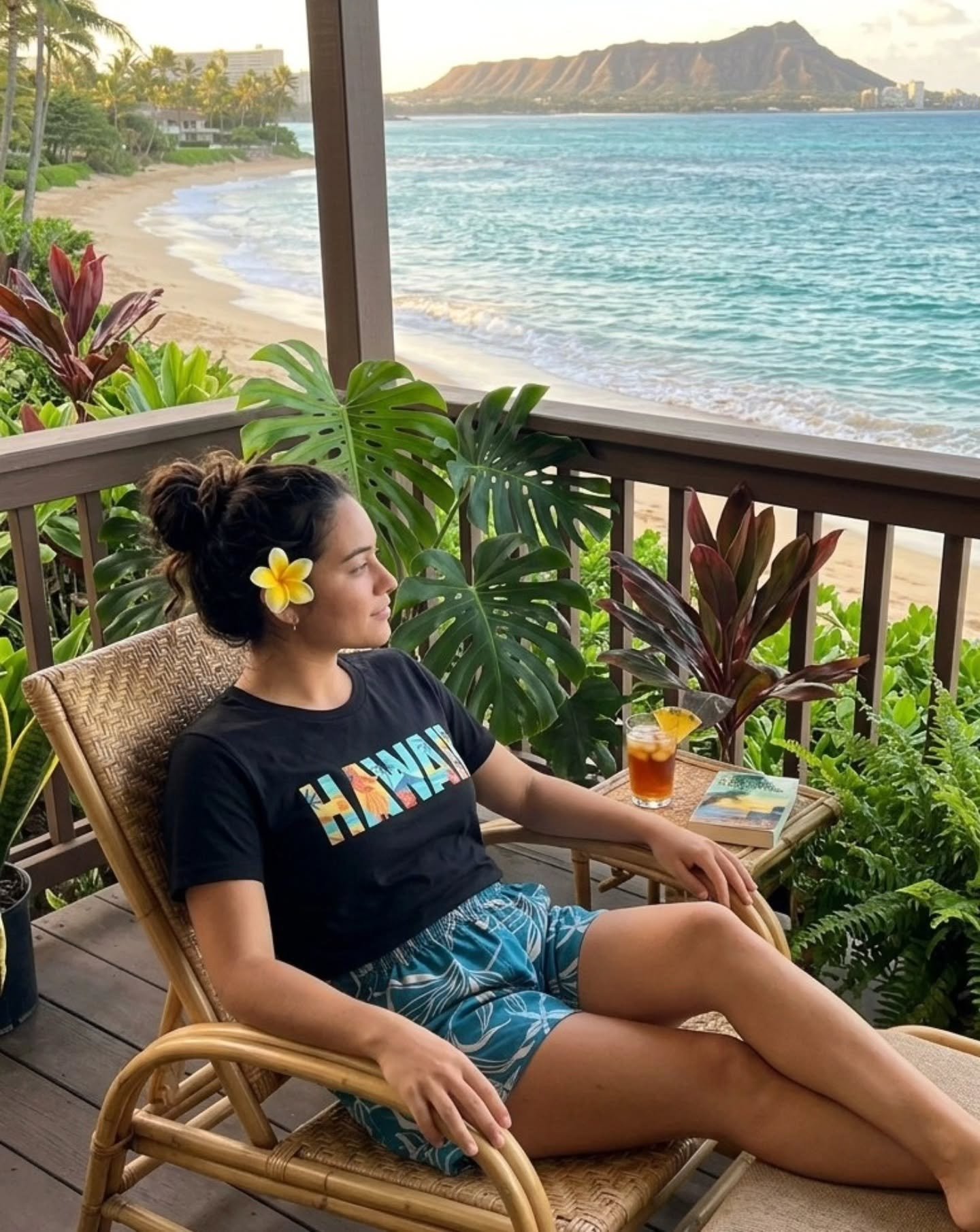 &ldquo;Our newest ladies tee features HAWAII with a hula girl, palm trees and hibiscus.  This black crop top is paired with Nalei Missy shorts. The HAWAII crop top also comes in white. Both black and white tops are available in a regular length. Tomo
