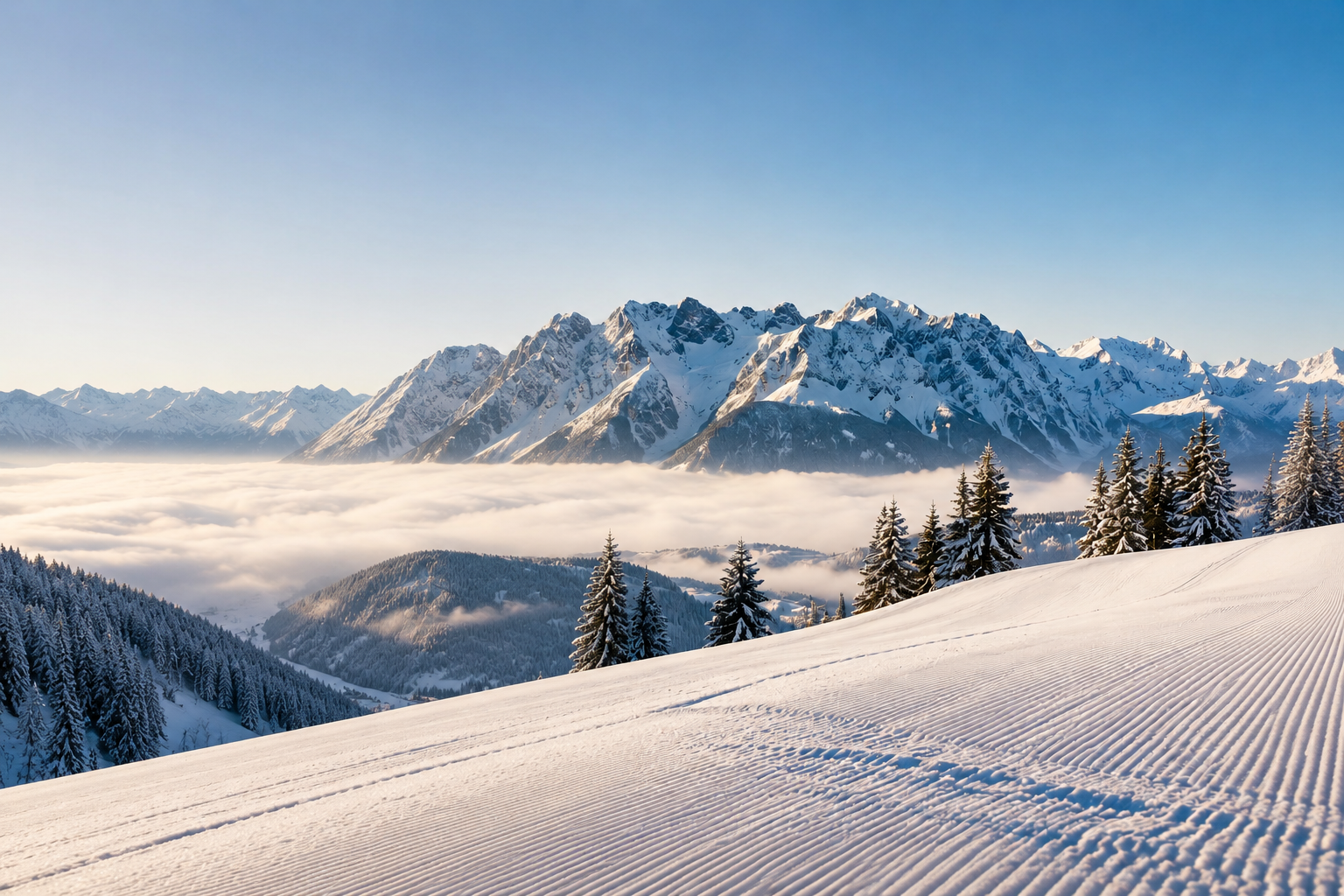 Verschneite Berge unter klarem Himmel mit Baumgrenze, darunter Wolken im Tal und schneebedeckter Hügel im Vordergrund.