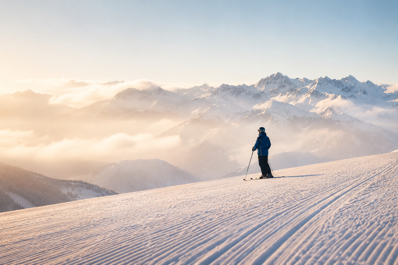 Ein Skifahrer in blauer Jacke und Helm steht auf einer verschneiten Piste in den Bergen und blickt auf die schneebedeckten Gipfel im Sonnenlicht.