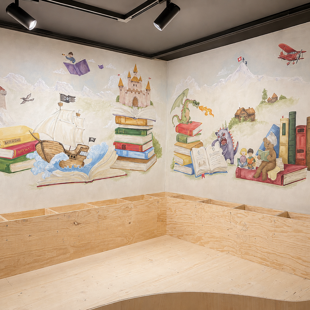 Fantasievolles Wandbild, eigener Entwurf für Kinderecke in Bibliothek. Grossflächige Malerei auf malerischer Beton Imitation.