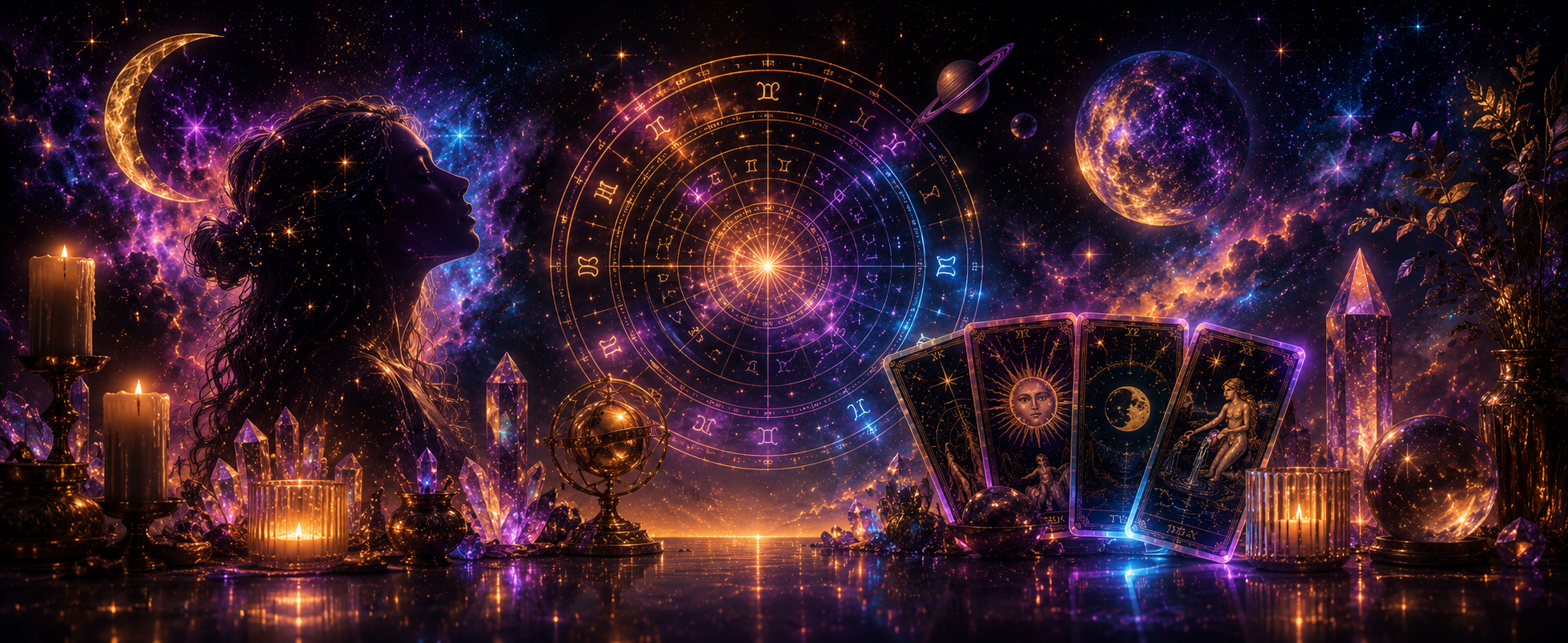 A mystical, cosmic scene featuring a silhouette of a woman with stars in her hair, surrounded by candles, crystals, and tarot cards. The background showcases planets, stars, and a galaxy with a glowing zodiac wheel in the center.