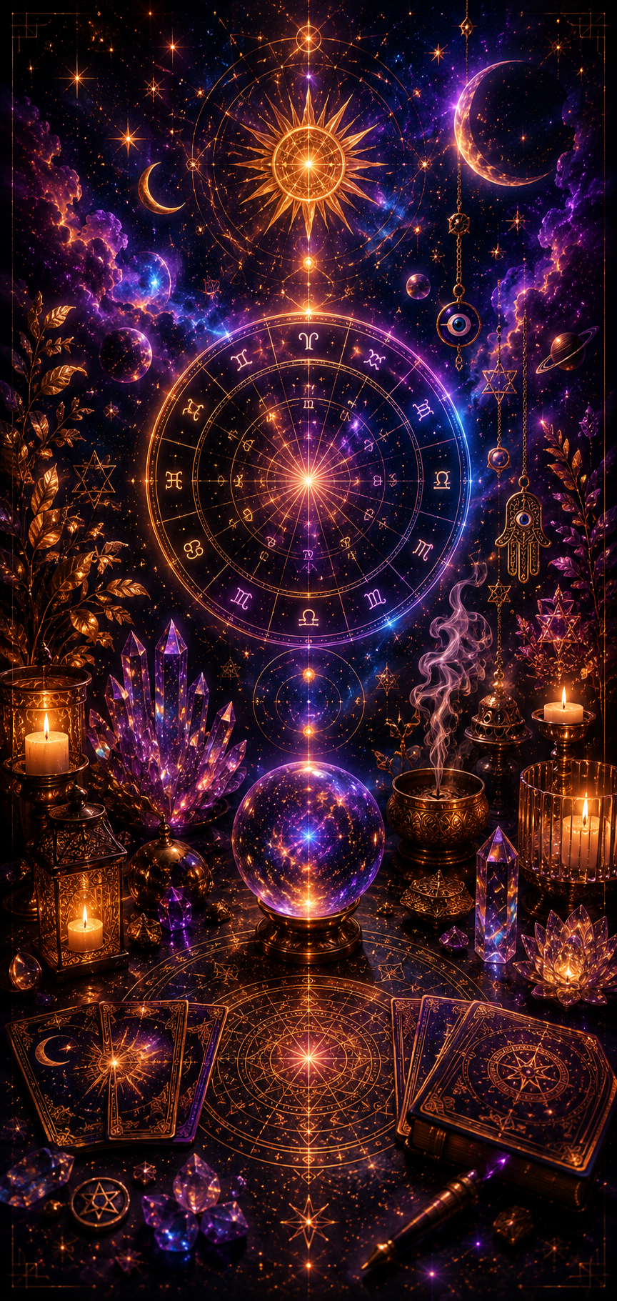 A mystical, celestial-themed setup with glowing tarot cards, amulets, candles, crystals, incense, and astrology symbols, against a cosmic background featuring stars, planets, moons, and zodiac signs.