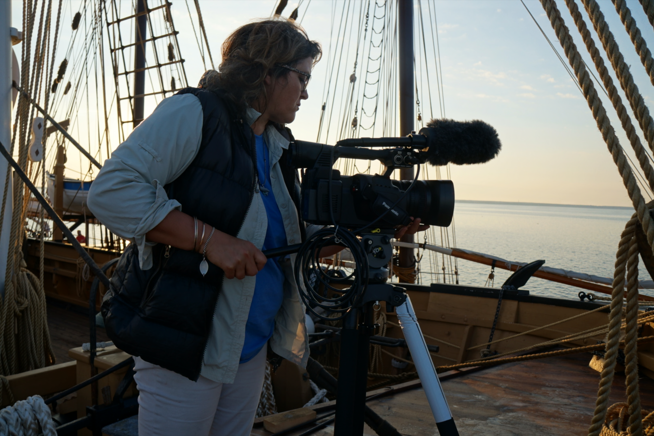 Caroline Fitzgerald, producer and director - aboard the Charles W. Morgan, the last surviving wooden whaling ship, off Cape Cod in 2014.