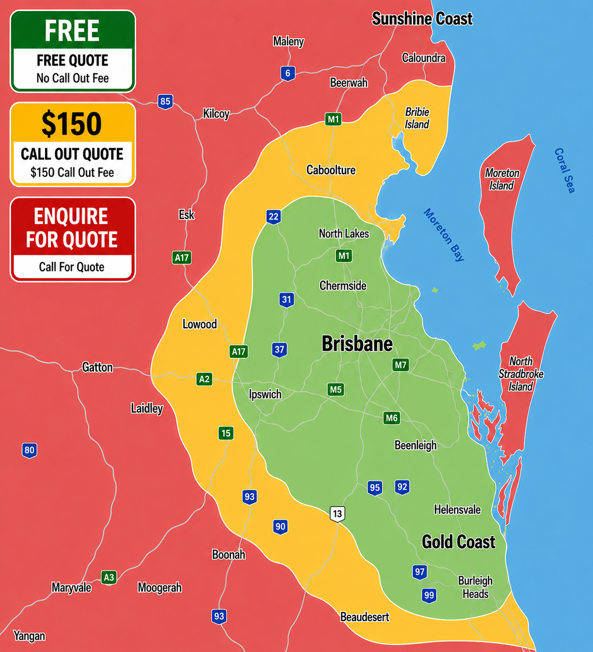 Map of Brisbane, Australia, showing different zones with color codes: green for areas with free quotes, yellow for areas with call out quotes, and red for areas to inquire for quotes. The map highlights regions including North Lakes, Chermside, Ipswich, and Gold Coast, with nearby islands and major highways.