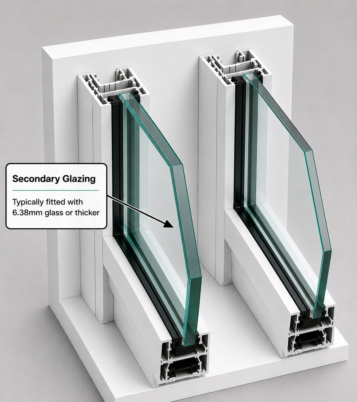 A cross-sectional diagram of a window frame showing secondary glazing, with a note indicating it is typically fitted with 6.38mm or thicker glass.