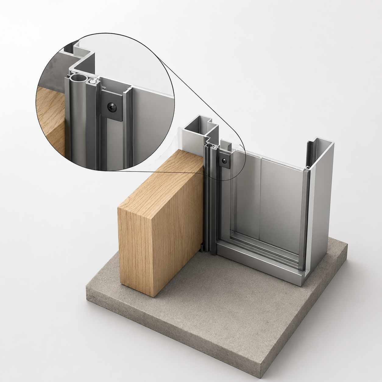 Close-up of a metal sliding door mechanism with a screw and roller, installed on a wood block and concrete base.