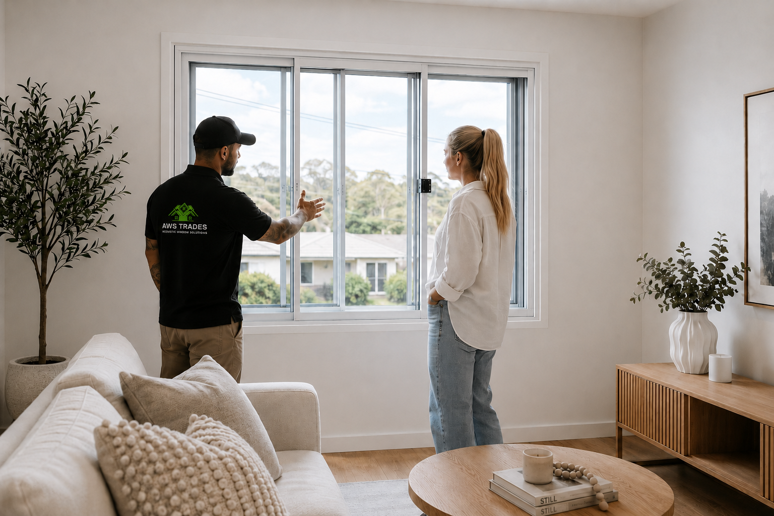 A man in a black shirt and cap talking to a woman in a white shirt inside a living room, near a window, with plants and furniture around.
