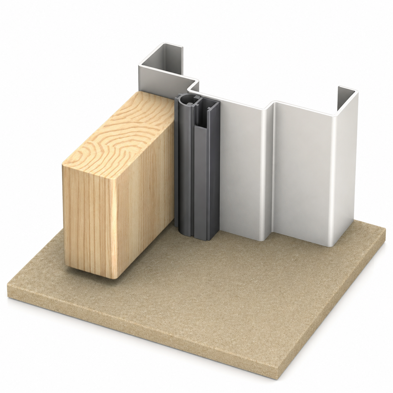 Cross-section of a window frame with weatherstripping and a wooden block.