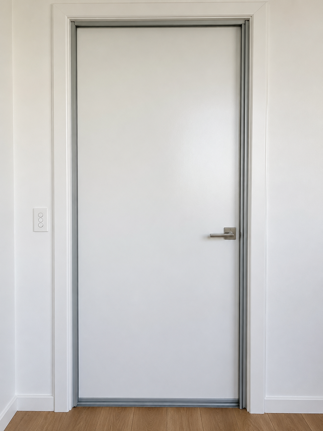 White door with a metallic handle, surrounded by white walls and baseboards in a room with wood flooring.