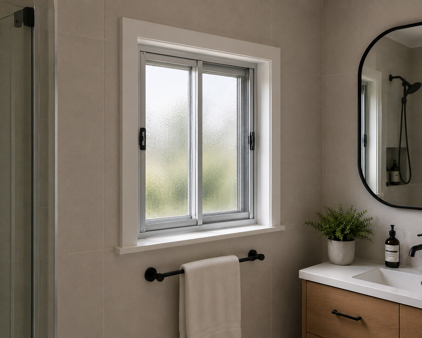 Bathroom with frosted window, black towel bar with white towel, potted green plant, soap dispenser, and a mirror reflecting shower fixtures.