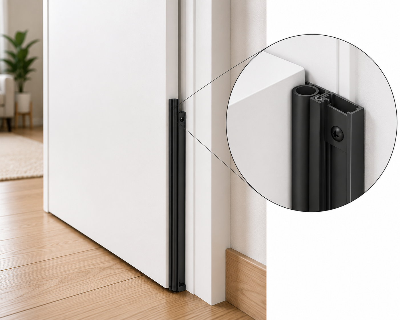 Close-up of a black sliding door hinge mechanism installed on a white door and frame with a magnified view showing the screw details, set on a wooden floor in a modern home interior.