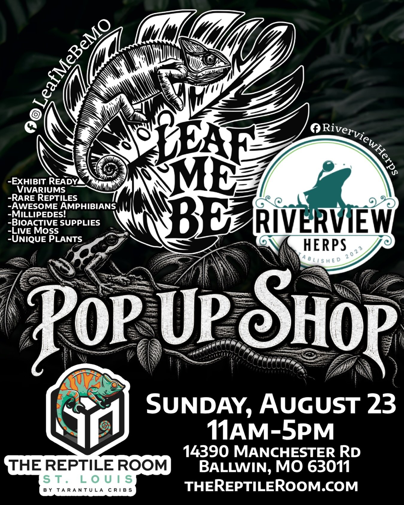 SUPER STOKED ON THIS!  We will be doing a one day only pop up shop at @thereptileroomstl next Sunday, August 23rd!!! We will joined by Noah of @riverview_herps who will bringing dozens of beautiful dart frogs!  For all of our hometown friends, this i