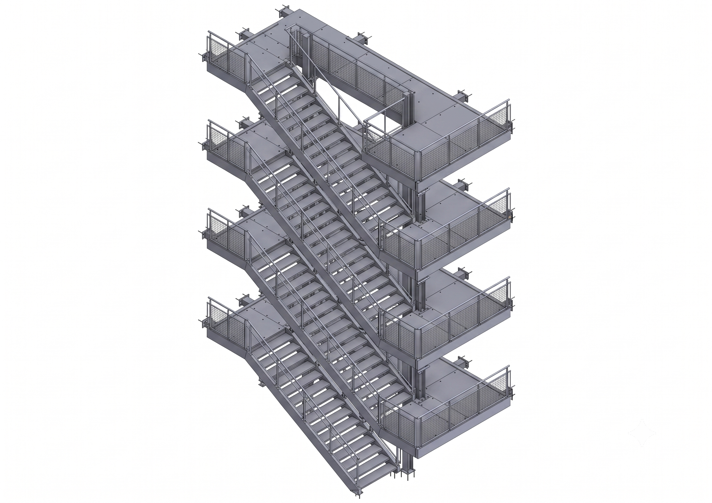 Modèle 3D d'une structure d'escalier métallique avec plateforme et garde-corps.