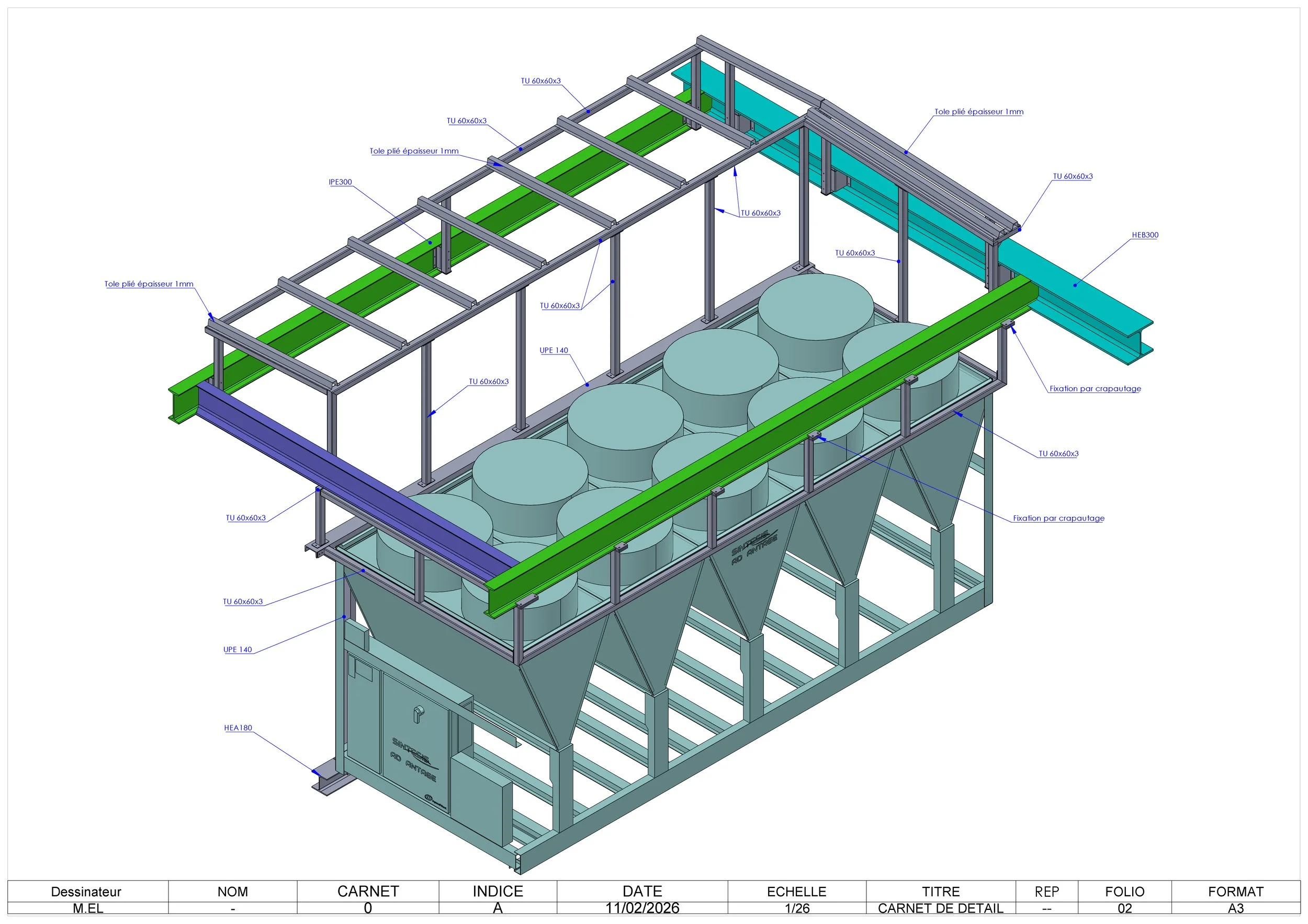 Une illustration technique d'une structure métallique composée de plusieurs barres et cadres, avec des réservoirs en bas, et des annotations en français indiquant les types de profilés en acier utilisés.