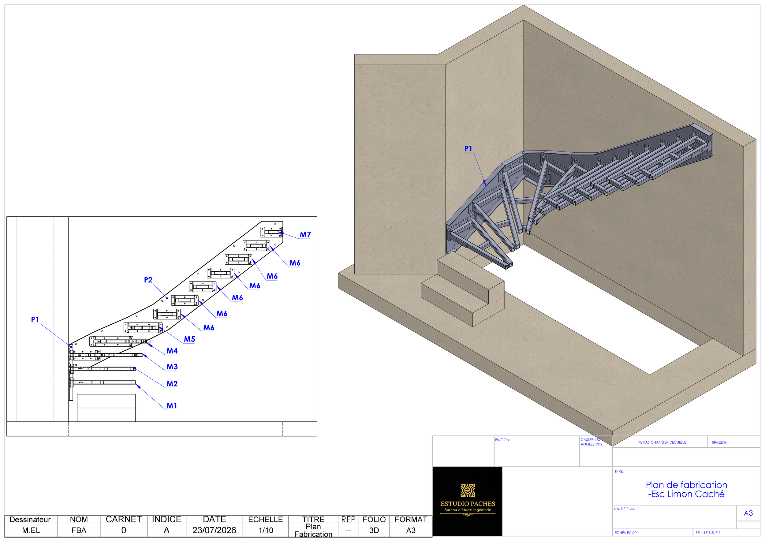 Plan de fabrication d'un escalier en métal avec détails techniques et annotations, incluant des vues 3D et des schémas détaillés.