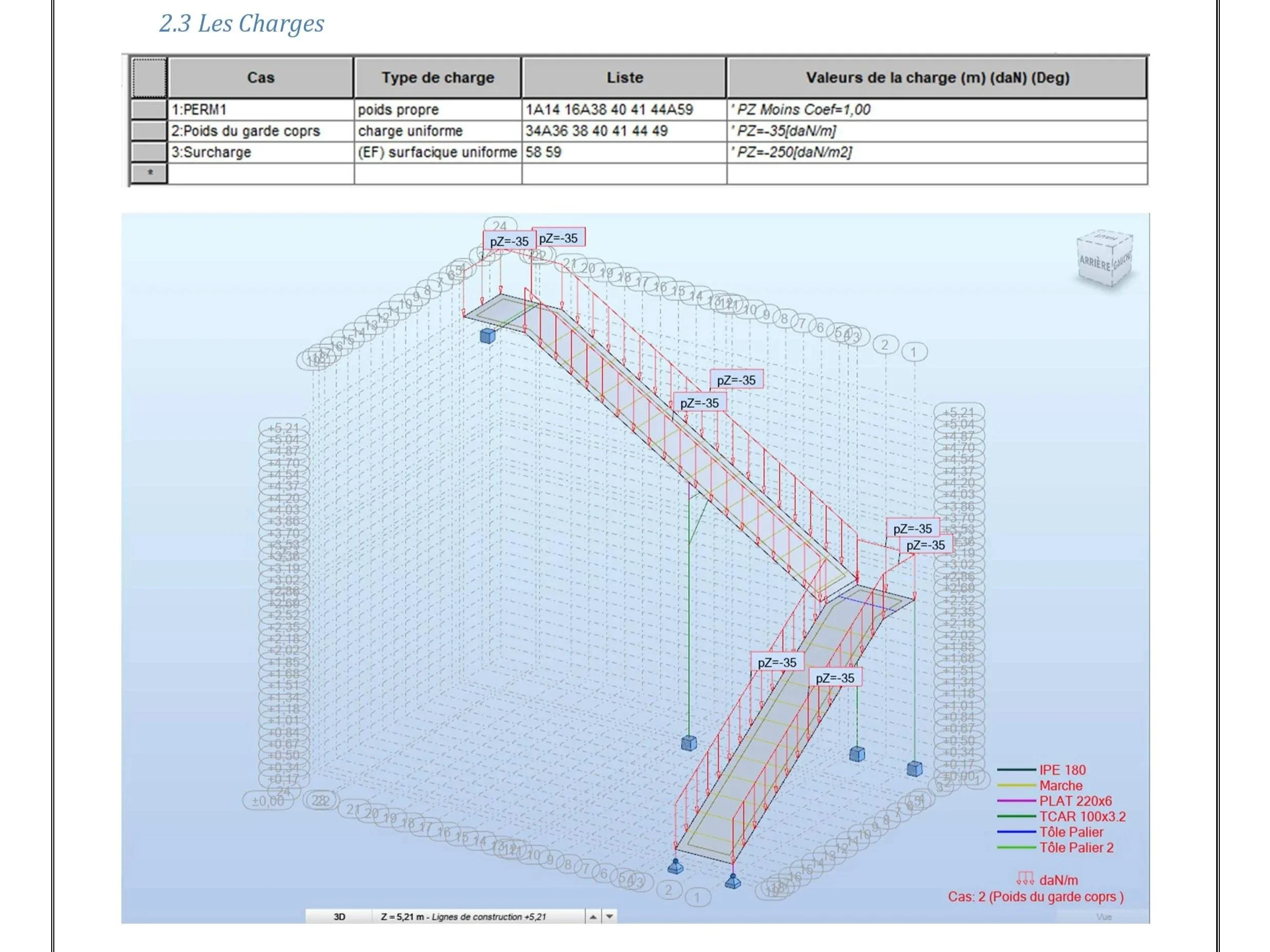 Un tableau et un diagramme illustrant une charge structurale, avec des informations sur différents types de charges, valeurs numériques et des lignes de construction pour une structure.