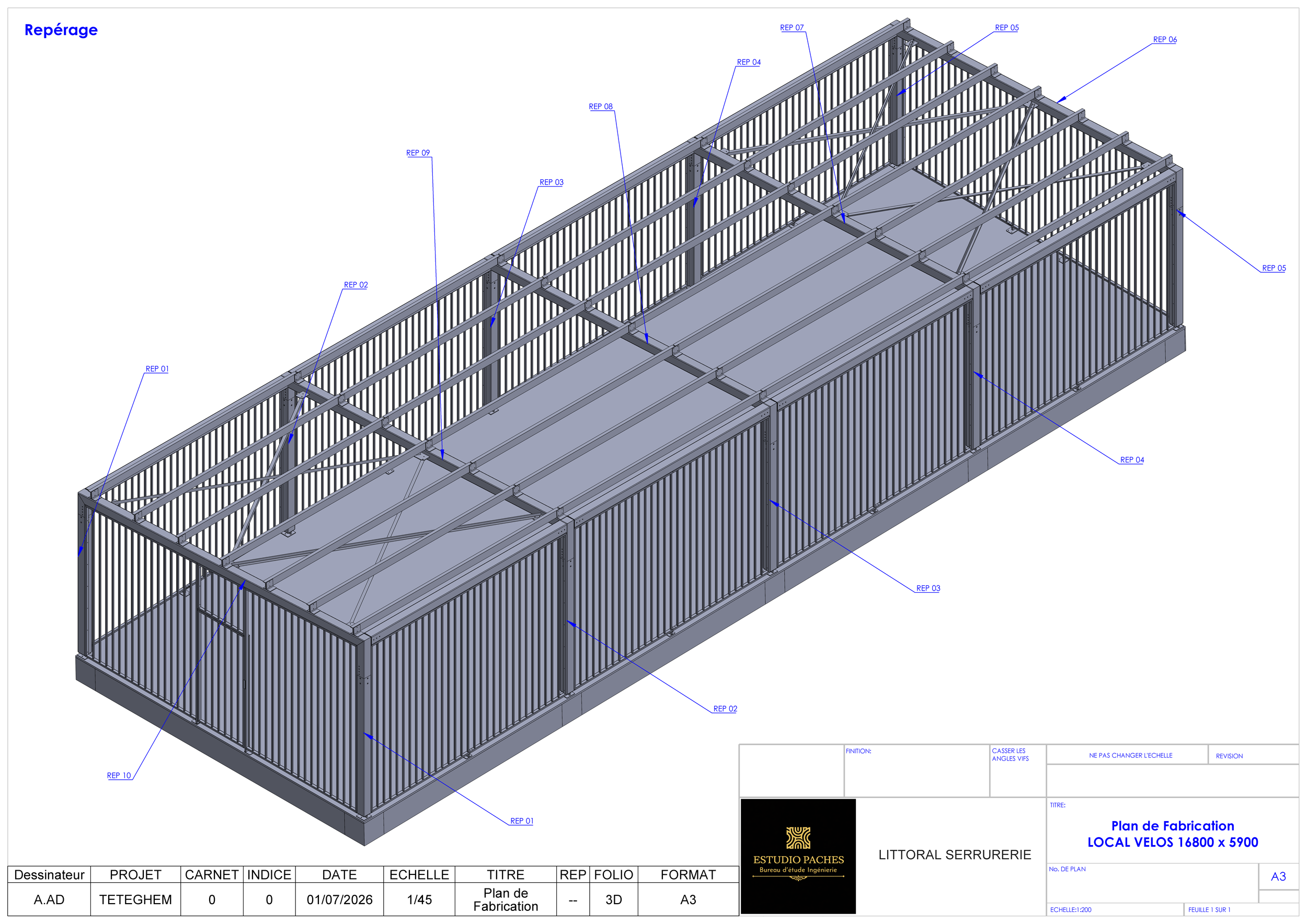 Un plan de fabrication d'une structure métallique pour une Serrurerie Littoral, montrant différentes pièces et leur numérotation, avec légendes et annotations en français.