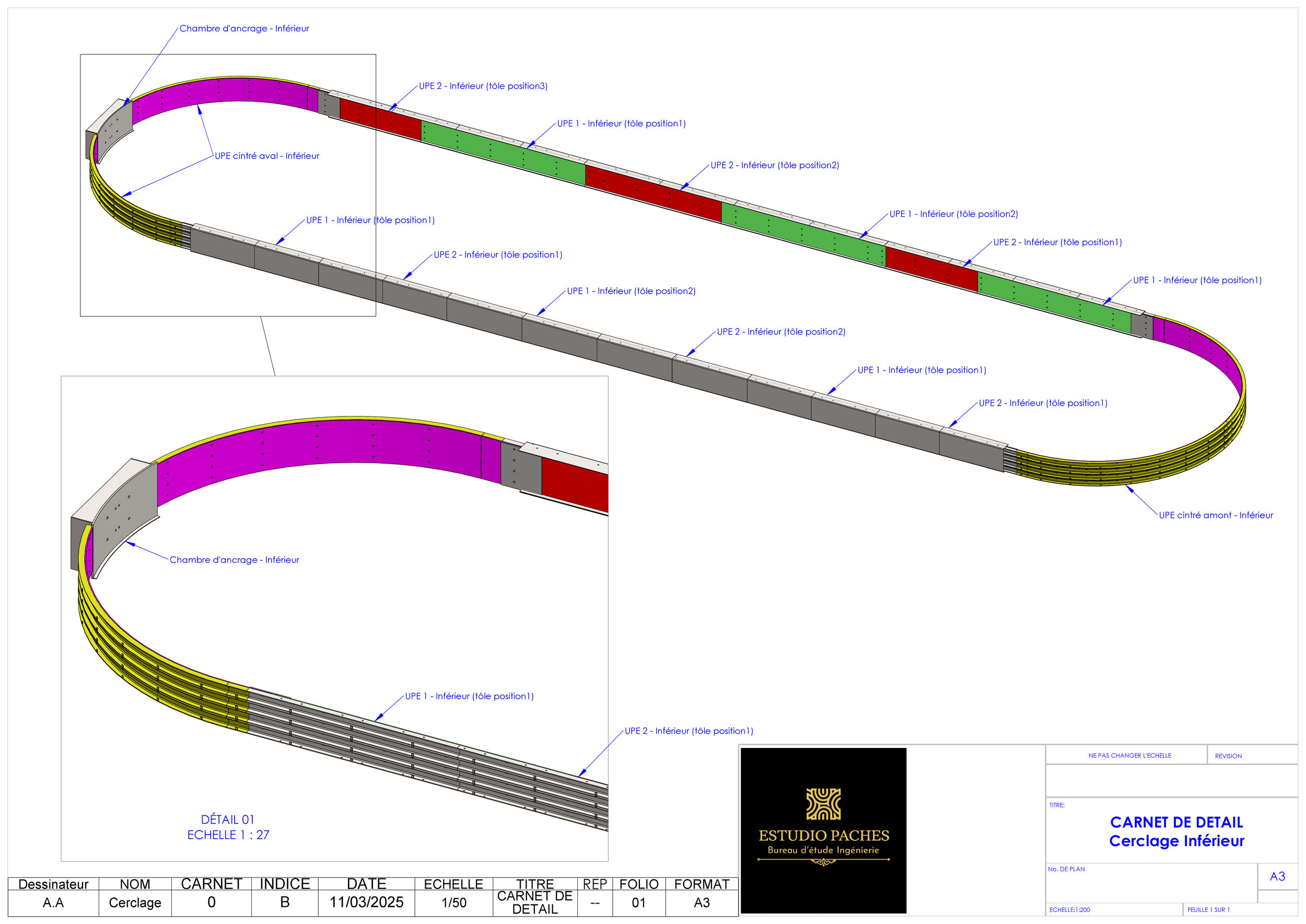 Plan technique illustrant une structure d'enceinte circulaire avec des annotations en français indiquant différentes sections et composants, dont des chambres d'ancrage, des UPE ( profils en acier) et des zones colorées en vert et rouge, avec des mentions spécifiques à la configuration et à la position des éléments.
