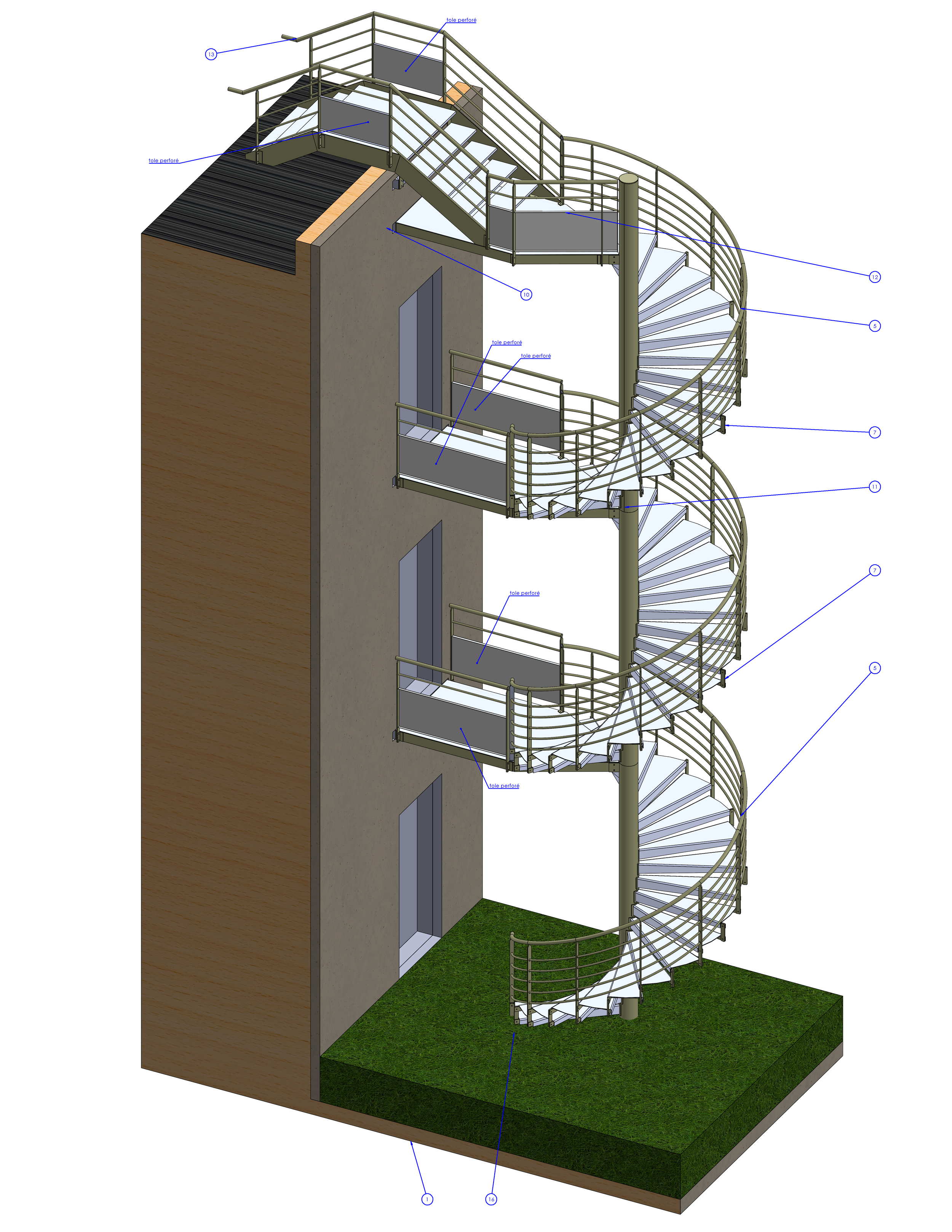 Diagramme de conception 3D d'une structure d'escalier en spirale avec des balustrades en métal, une façade de bâtiment en béton, un espace vert en dessous et des annotations techniques en français.
