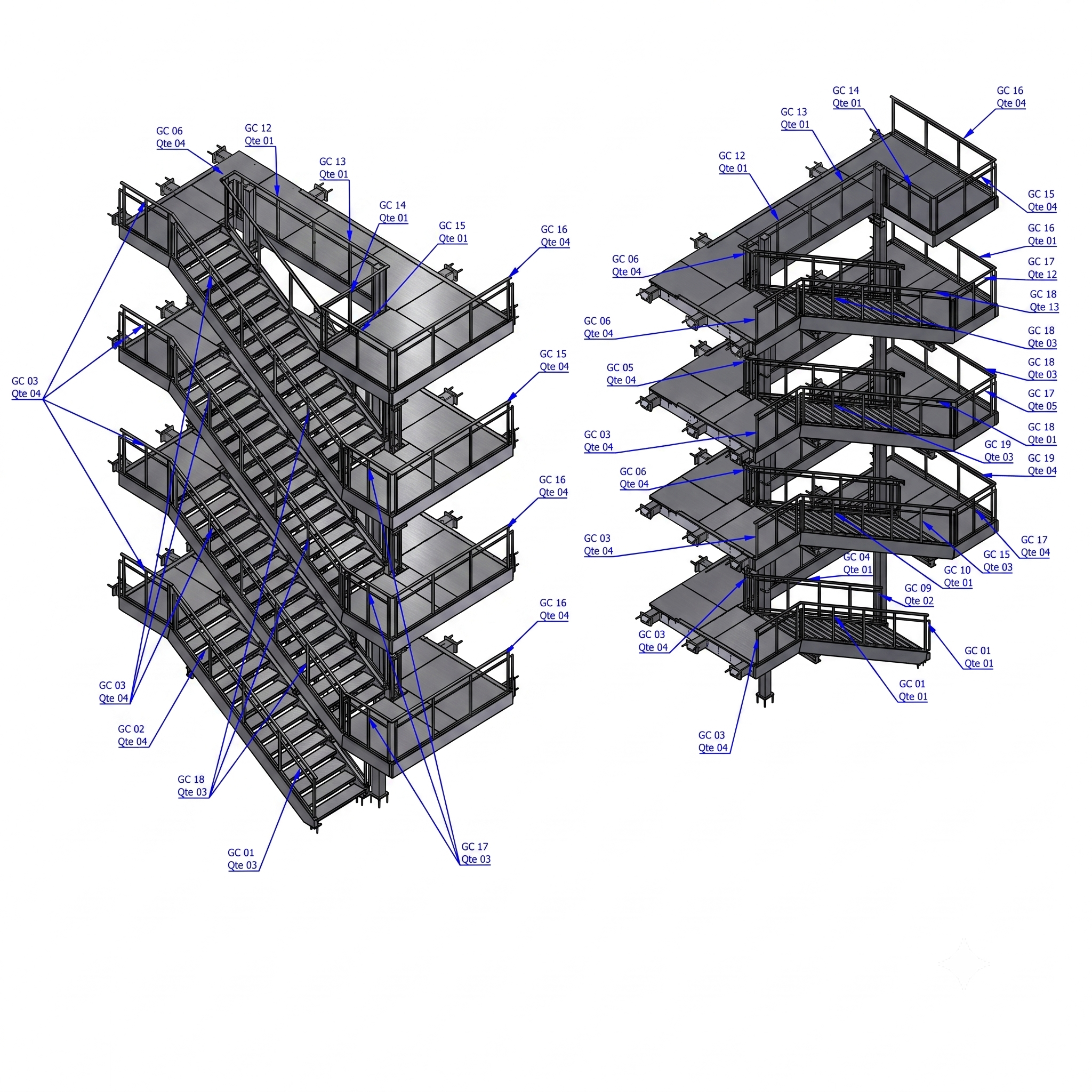 Plan architectural d'une structure avec escaliers, plateformes, et garde-corps, incluant des annotations et des numéros de sections.