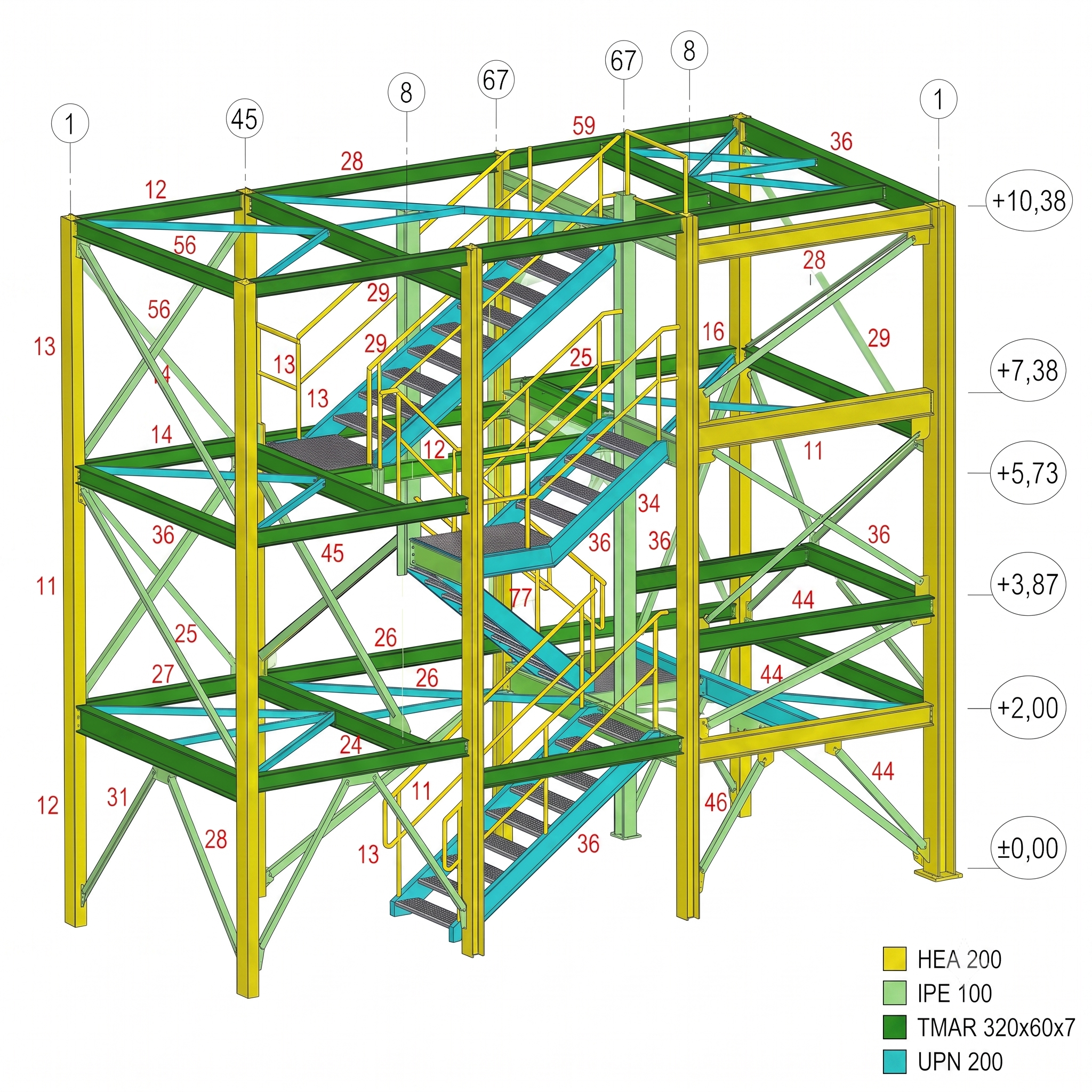 Illustration d'une structure en acier d'immeuble en construction, avec différentes couleurs pour différents matériaux et composants, et des numéros indiquant les spécifications.
