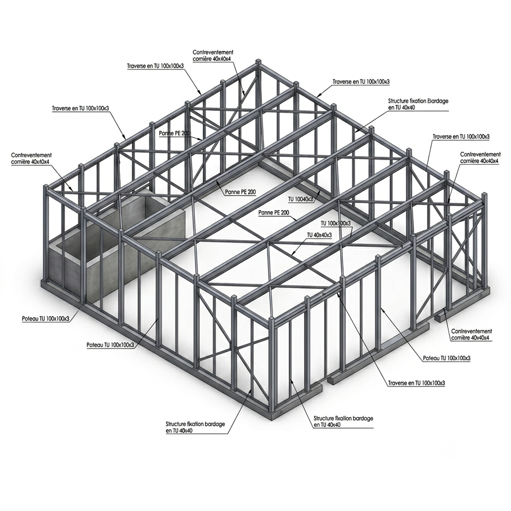 Schéma technique d'une structure en acier pour bâtiment avec annotations en français.