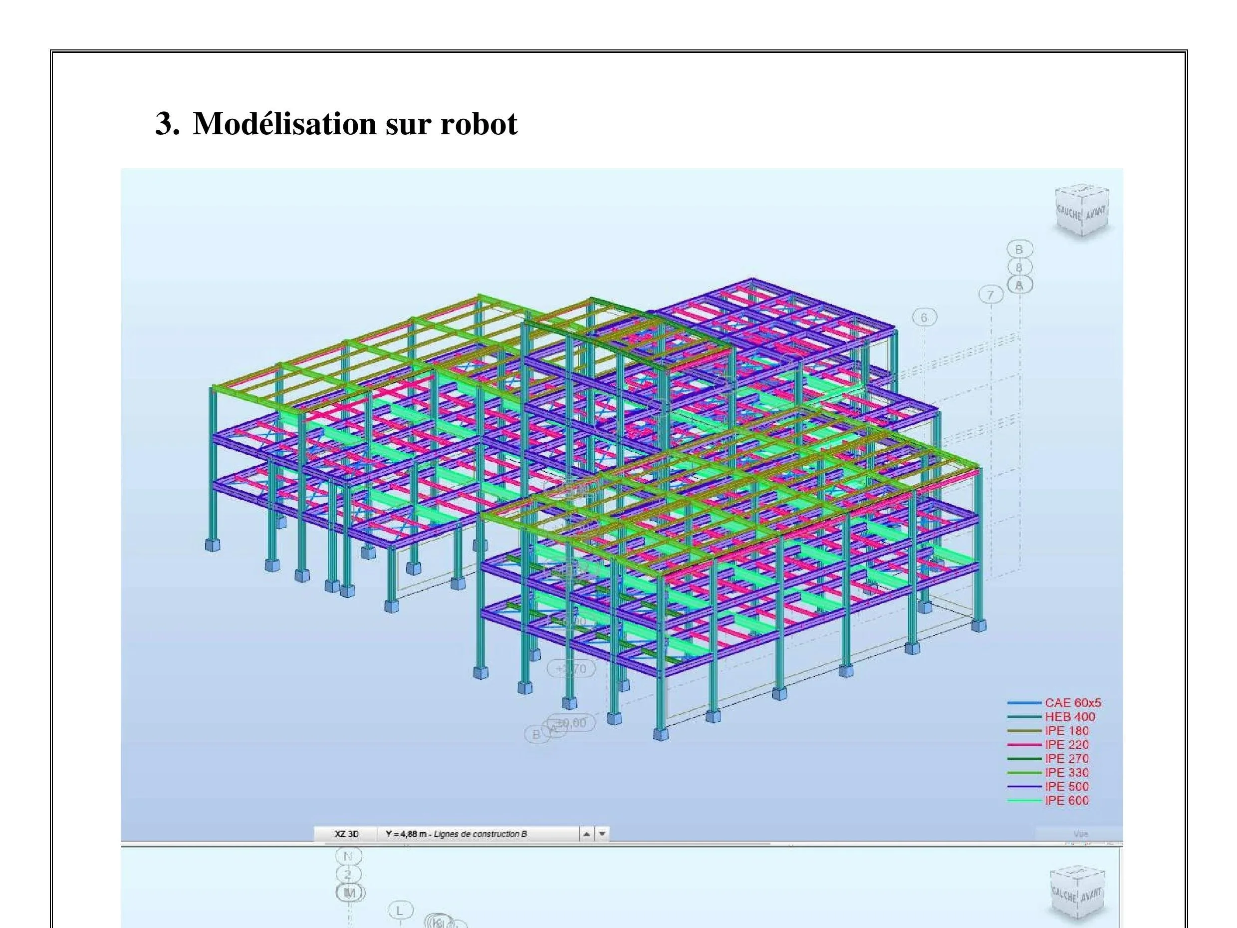 Plan de structure en 3D avec différentes couleurs représentant différents matériaux ou éléments de construction pour la modélisation sur robot.