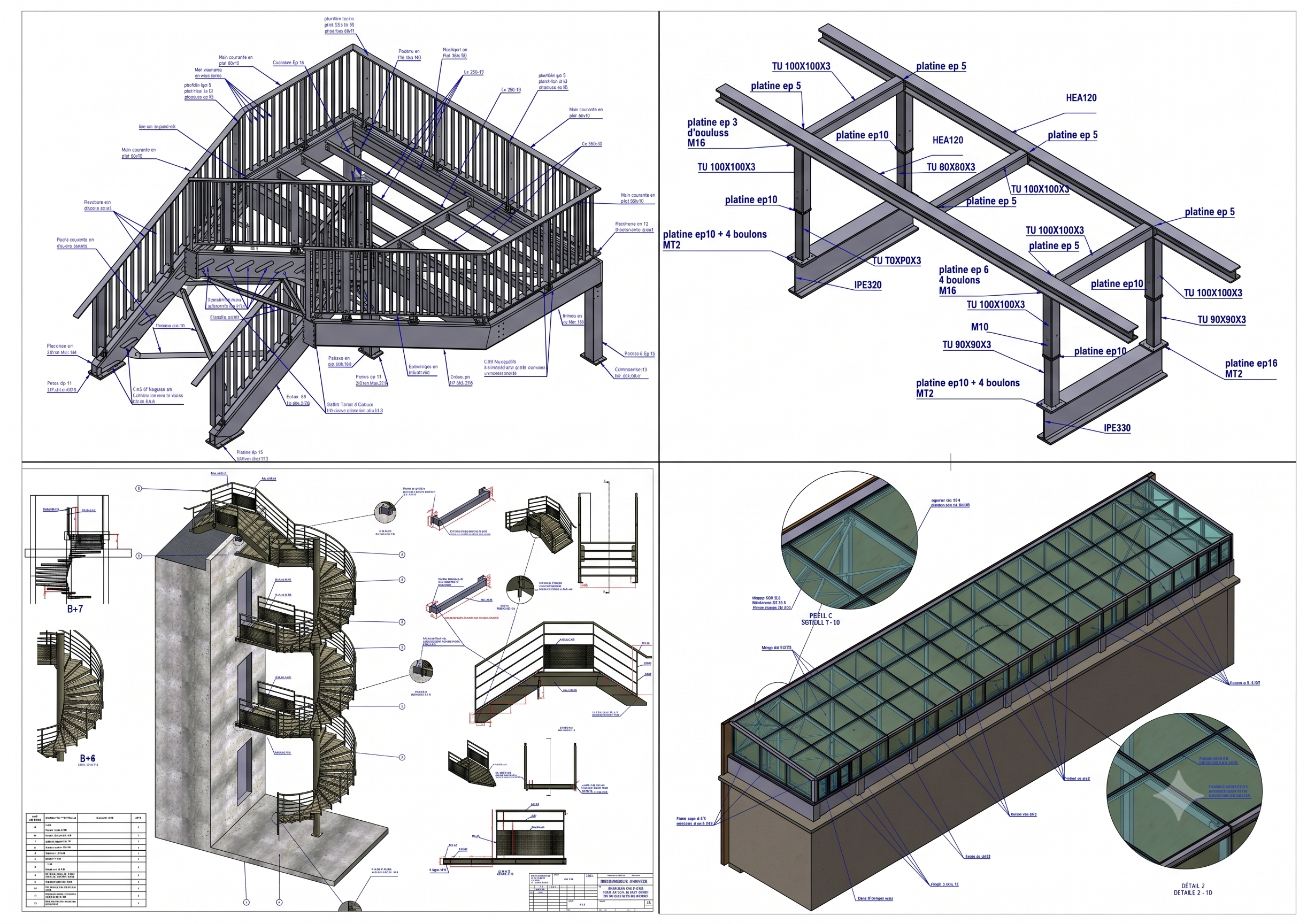 Plans détaillés de structures architecturales, comprenant une échelle en rotation avec des rampes, une construction en béton, et des détails de montage de éléments métalliques comme des plateformes, escaliers et garde-corps.