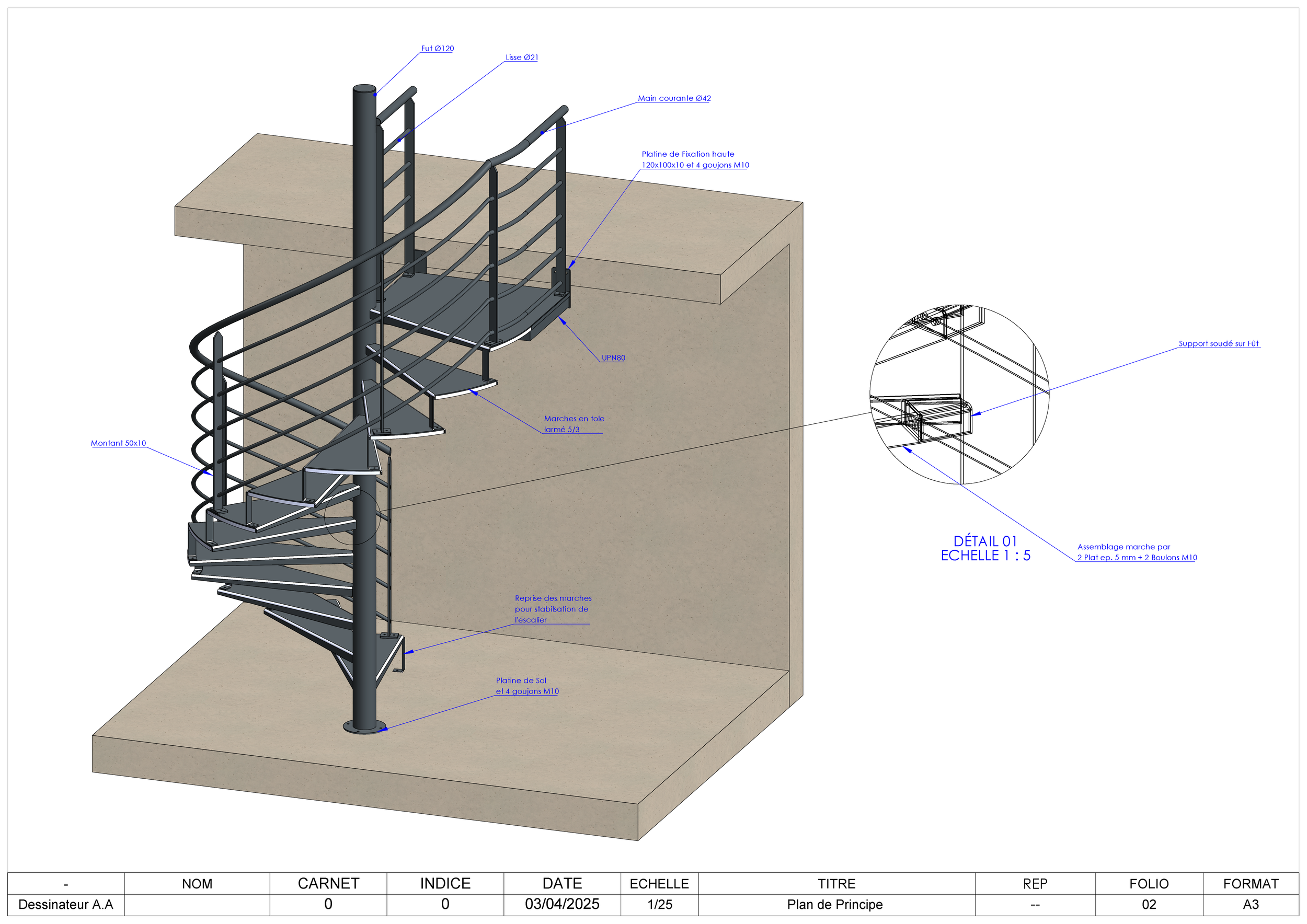 Un plan de conception d'une rampe d'escalier en métal, avec annotations techniques et détails de construction.