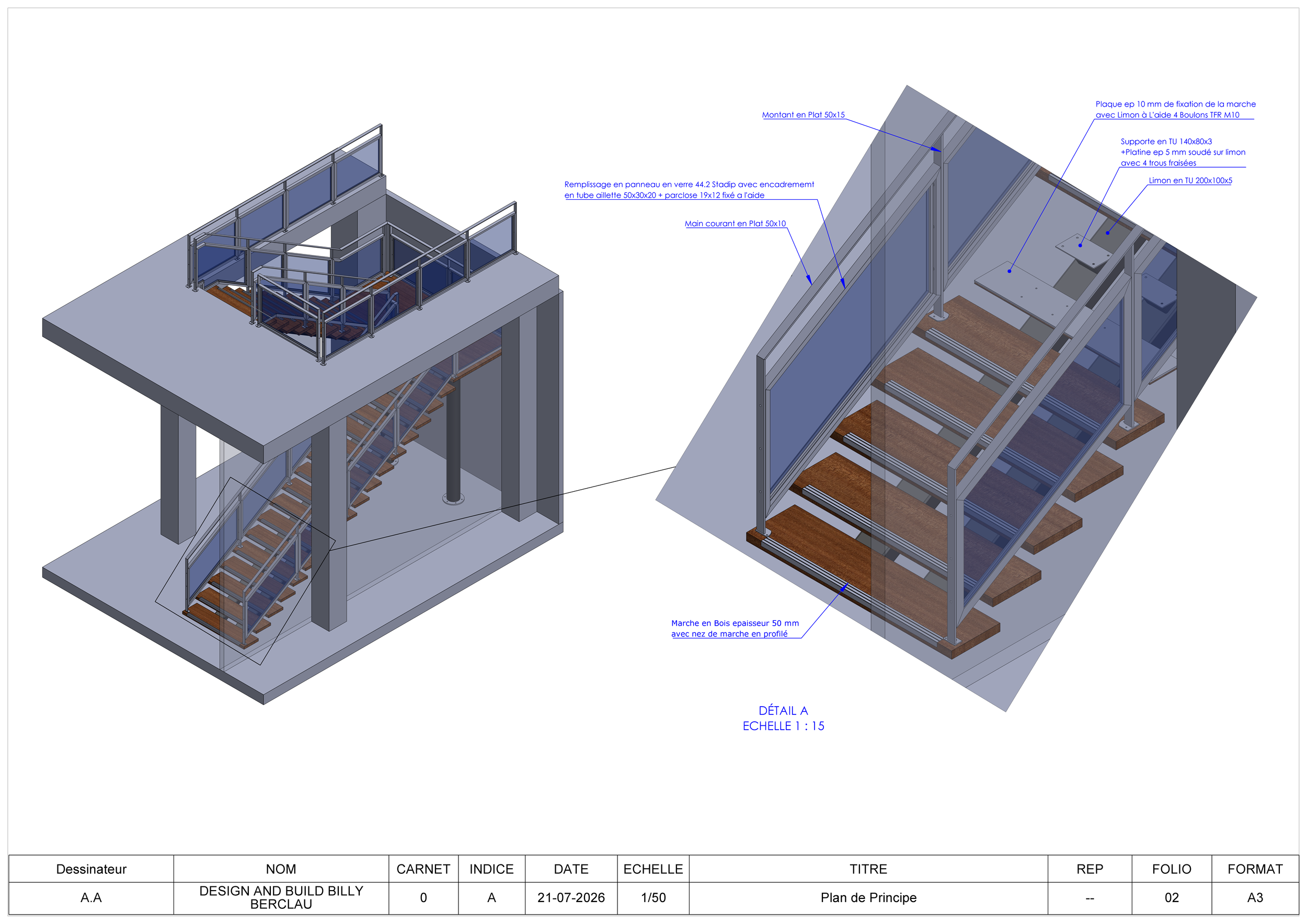Plan architectural détaillé d'une structure avec des escaliers en bois, des rampes en métal et des éléments en aluminium, contenant des annotations techniques en français.