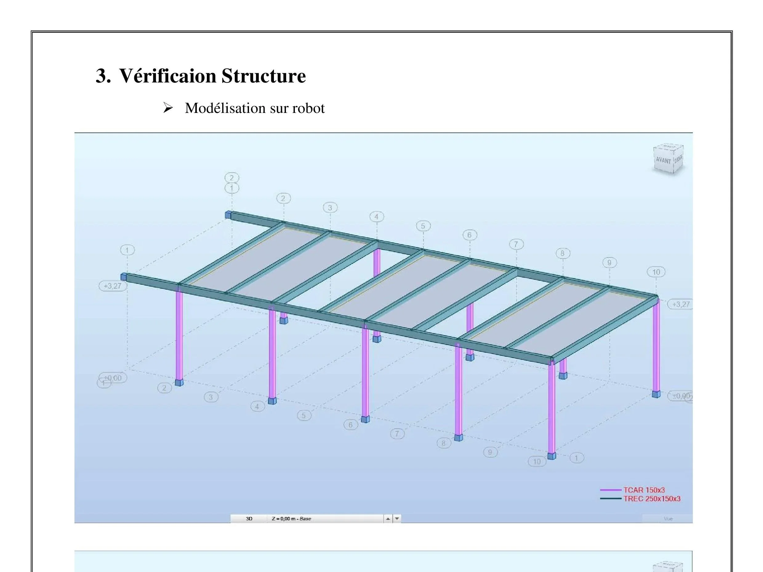 Capture d'écran d'un logiciel de modélisation 3D d'une structure en acier avec des annotations et des légendes. Titre 'Vérification Structure' avec sous-titre 'Modélisation sur robot'.