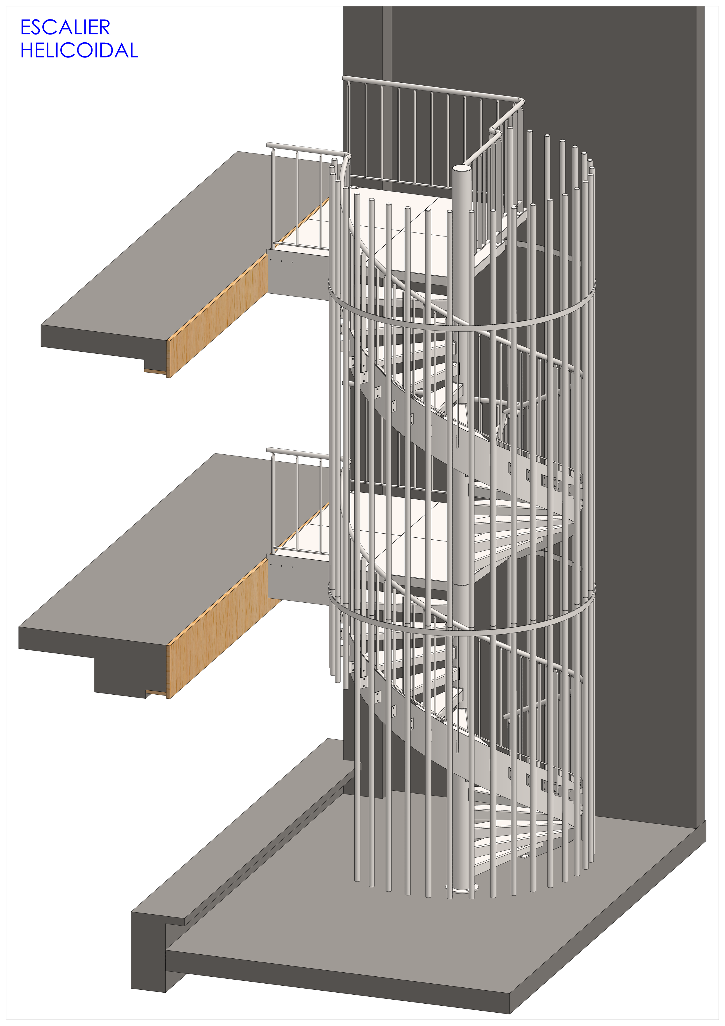 Schéma d'un escalier hélicoïdal en métal avec garde-corps, adjacent à un mur et un plan incliné.