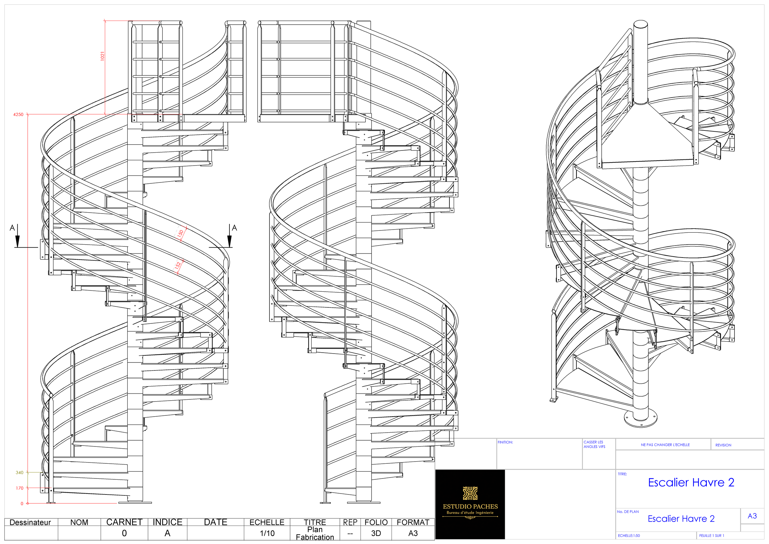 Plan technique d'un escalier hélicoïdal avec mesures, détails de construction et annotations.