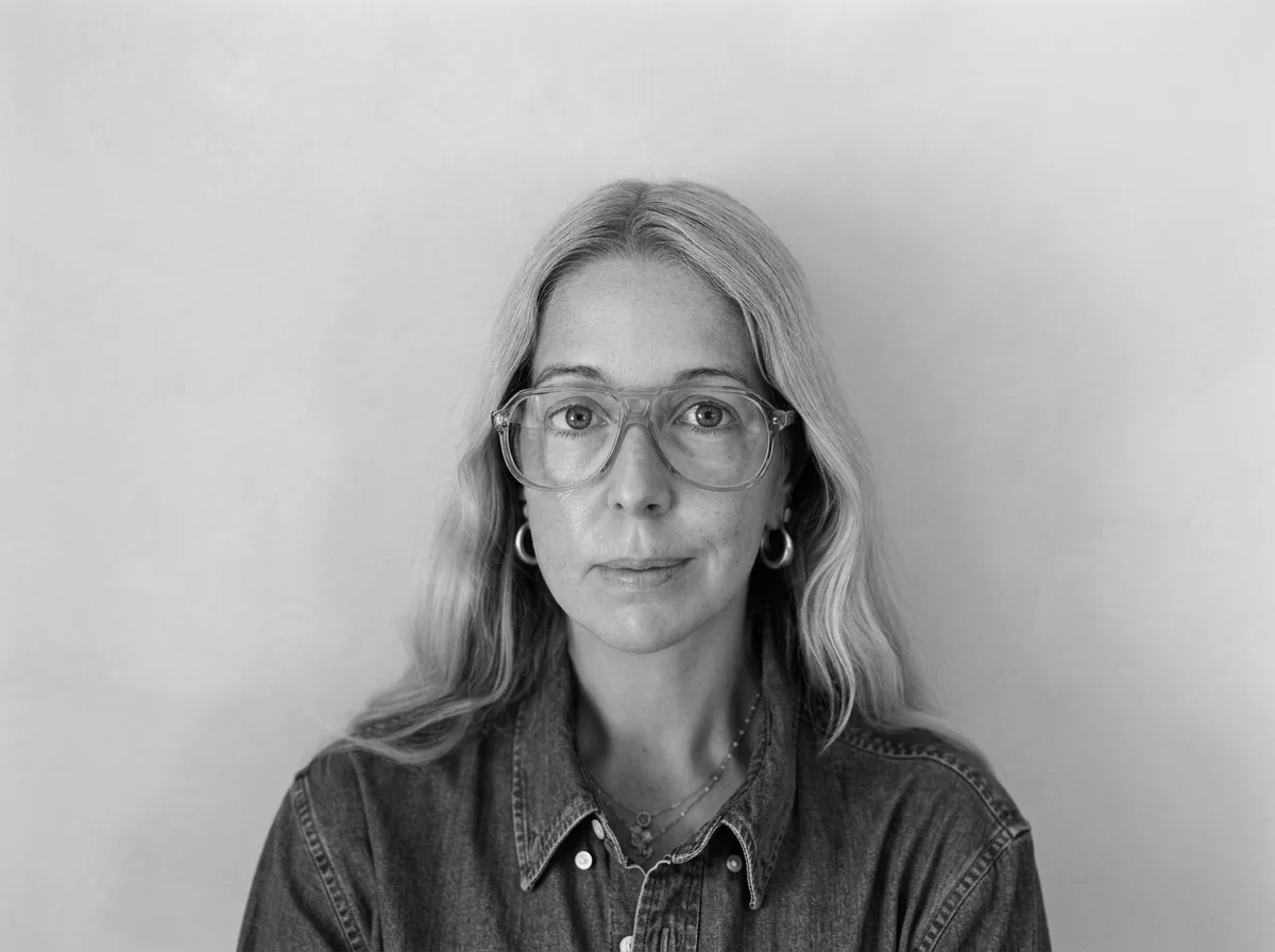 A woman with long wavy hair wearing glasses, hoop earrings, layered necklaces, and a denim shirt against a plain background.