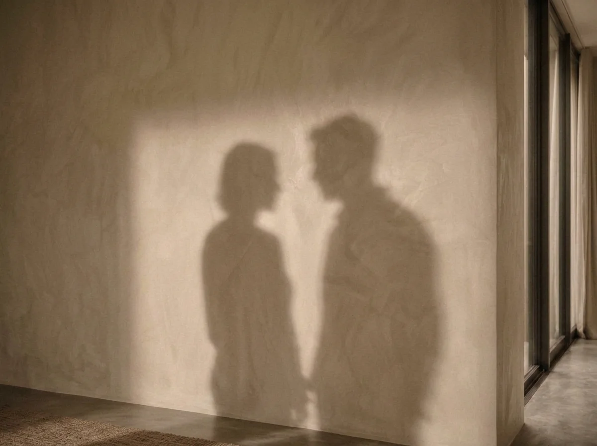 Silhouettes of two people, a woman and a man, facing each other and holding hands against a plain wall.