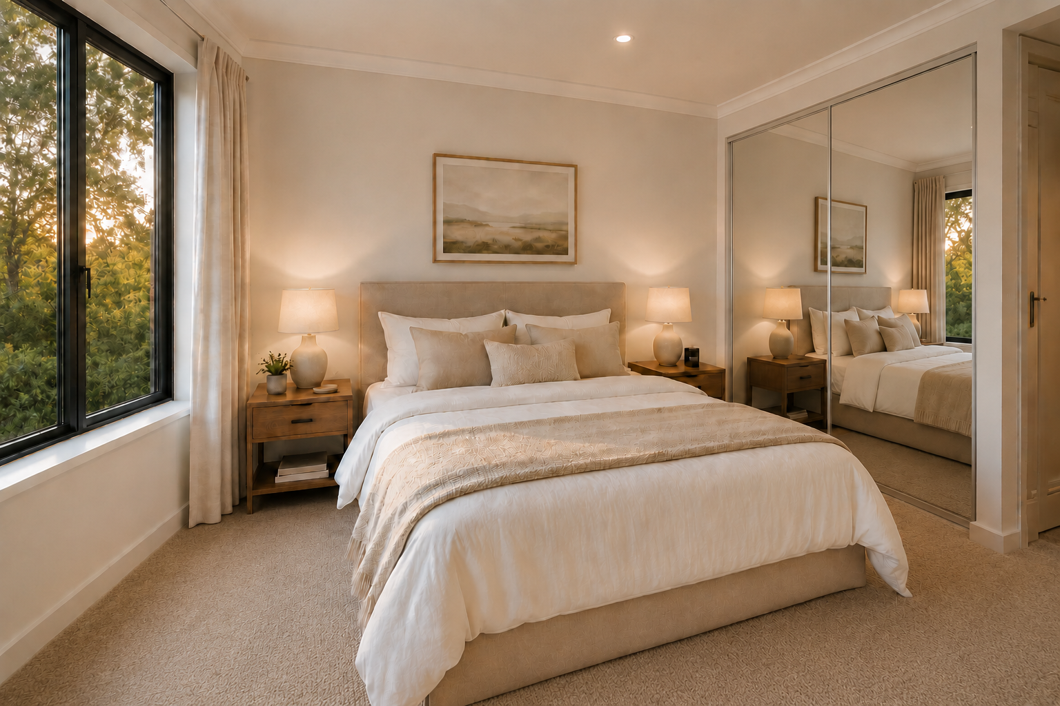 A cozy bedroom featuring a large bed with beige and white bedding, flanked by two wooden nightstands with matching lamps, and a large window with beige curtains showing greenery outside. A framed landscape painting hangs above the headboard, and a mirrored closet reflects part of the room.