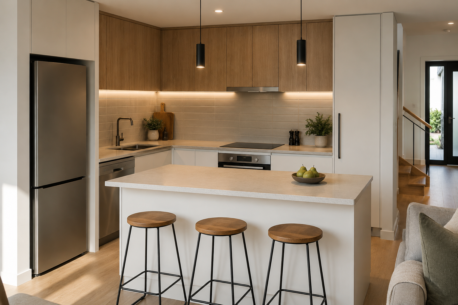 Modern kitchen with white and wooden cabinets, stainless steel refrigerator, black pendant lights, a kitchen island with three wooden stools, and decorative plants.
