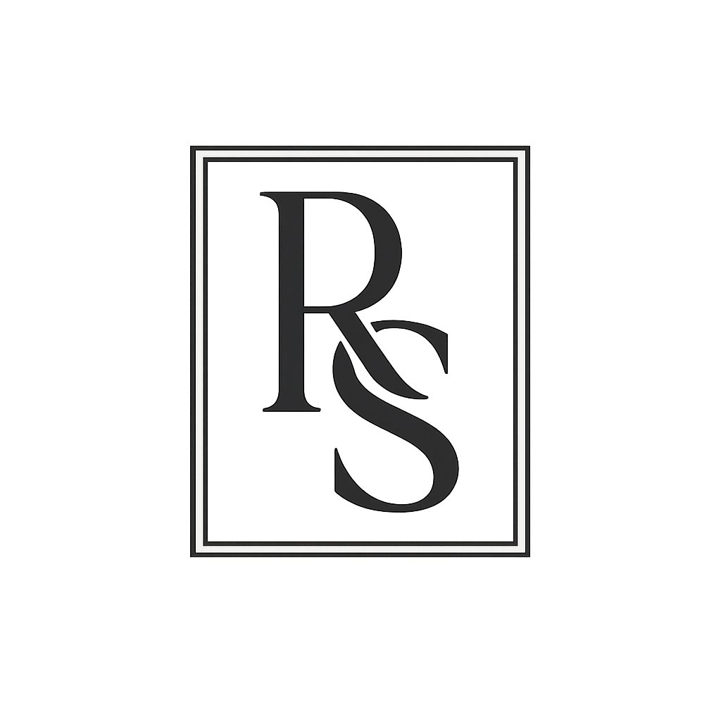 A black background with a white-bordered rectangle and stylized initials 'RS' in the center.
