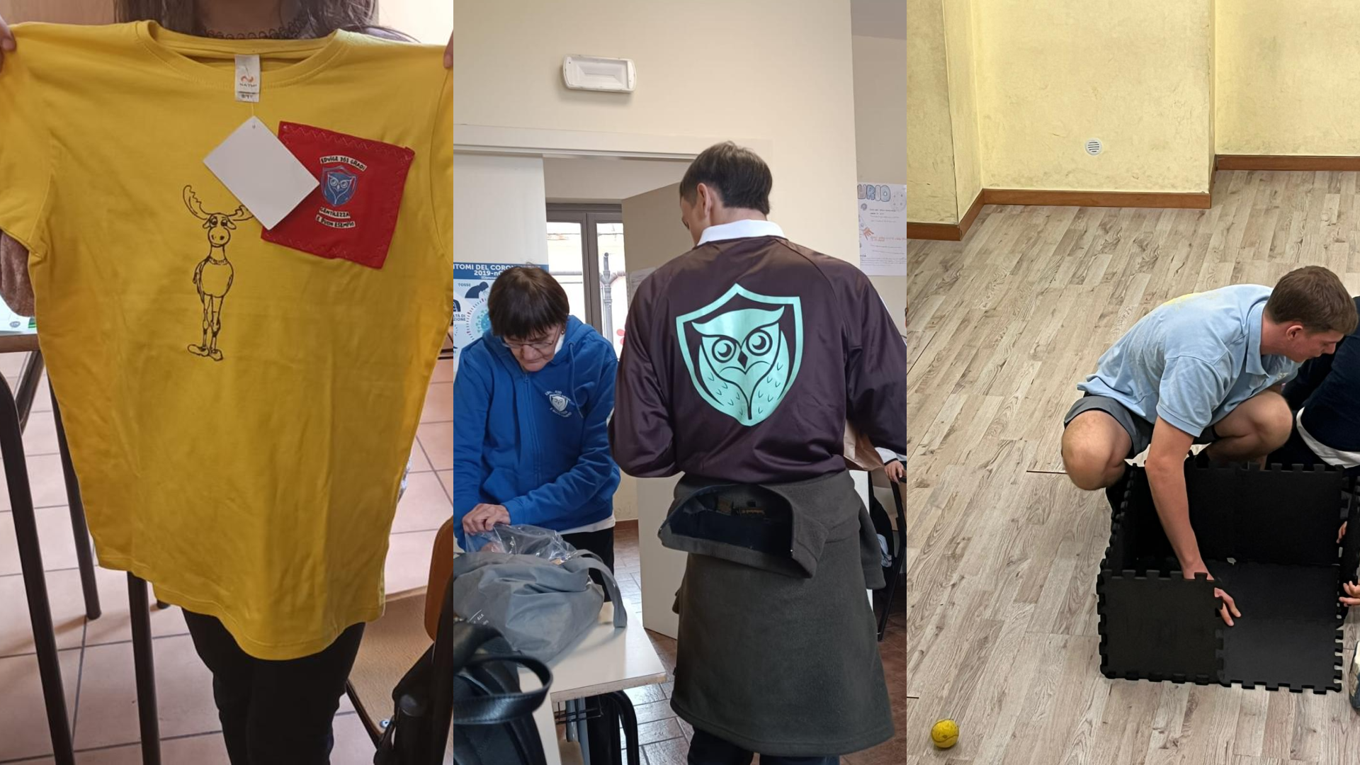 Persone che si preparano per un'evento, indossano magliette con un’icona di una civetta, in un ambiente interno con pavimento in legno e pareti gialle.