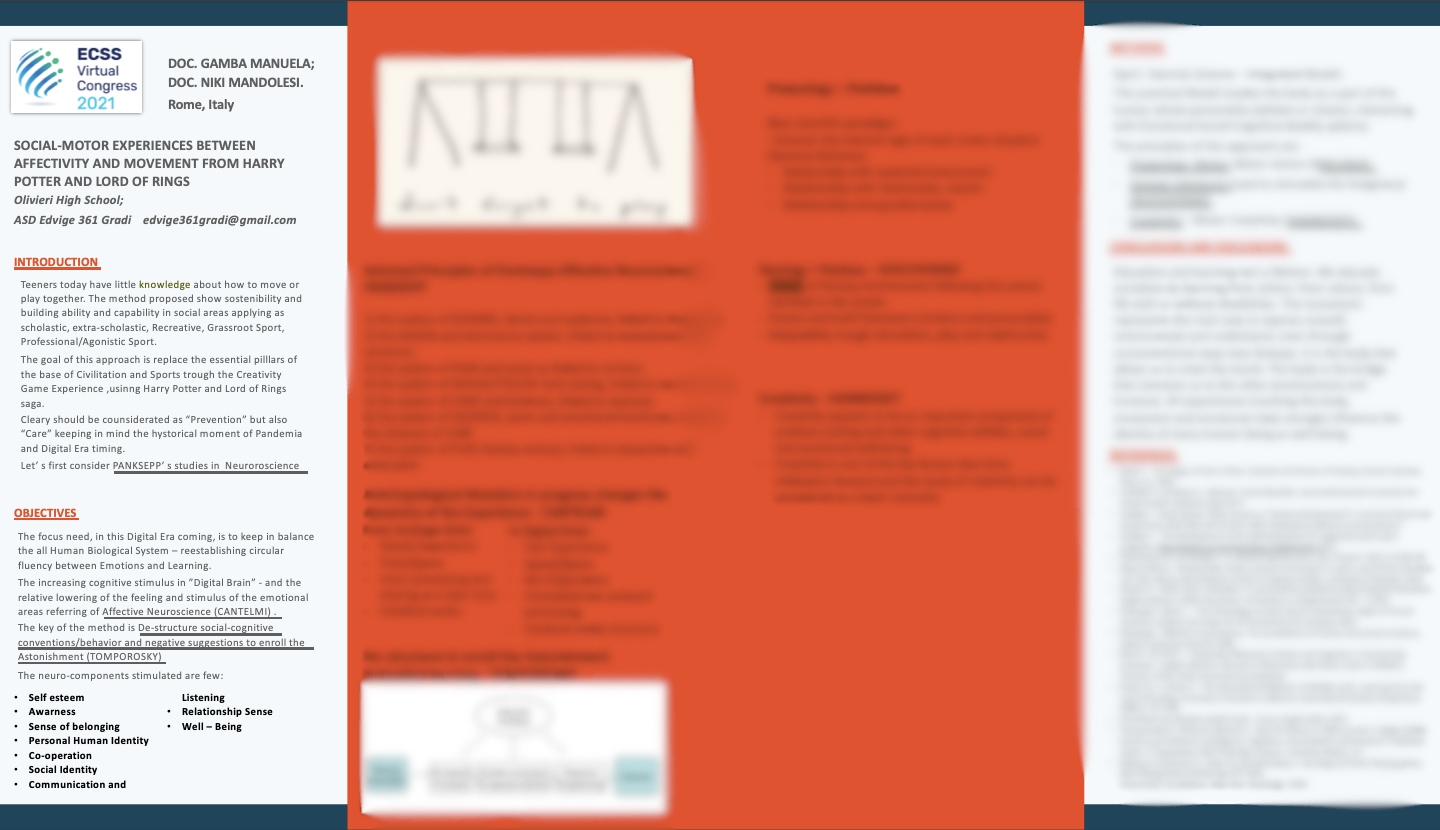 Pagina di presentazione di un congresso virtuale con titolo e diversi testi in inglese, una sezione di introduzione, obiettivi e parole chiave, e un logo del congresso. La pagina ha uno sfondo bianco con una parte laterale blu e un'area centrale arancione.
