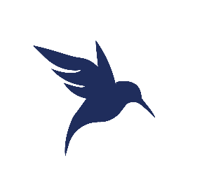 A stylized dark blue hummingbird in flight with wings spread.