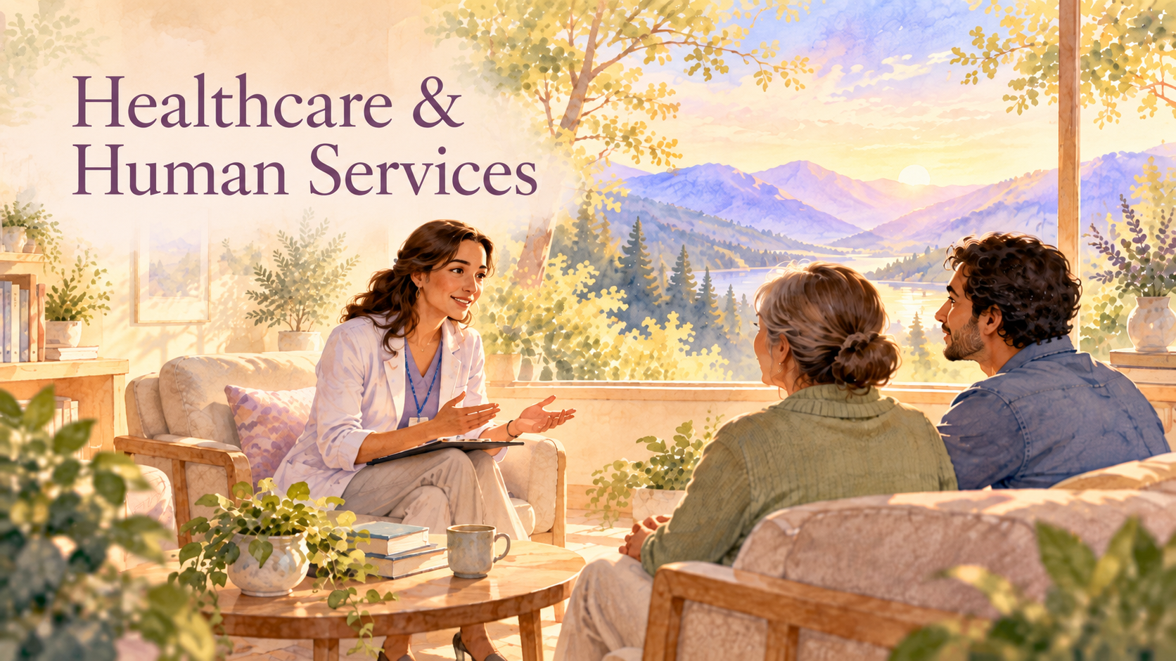 Healthcare and Human Services illustration showing a healthcare professional speaking with two people.