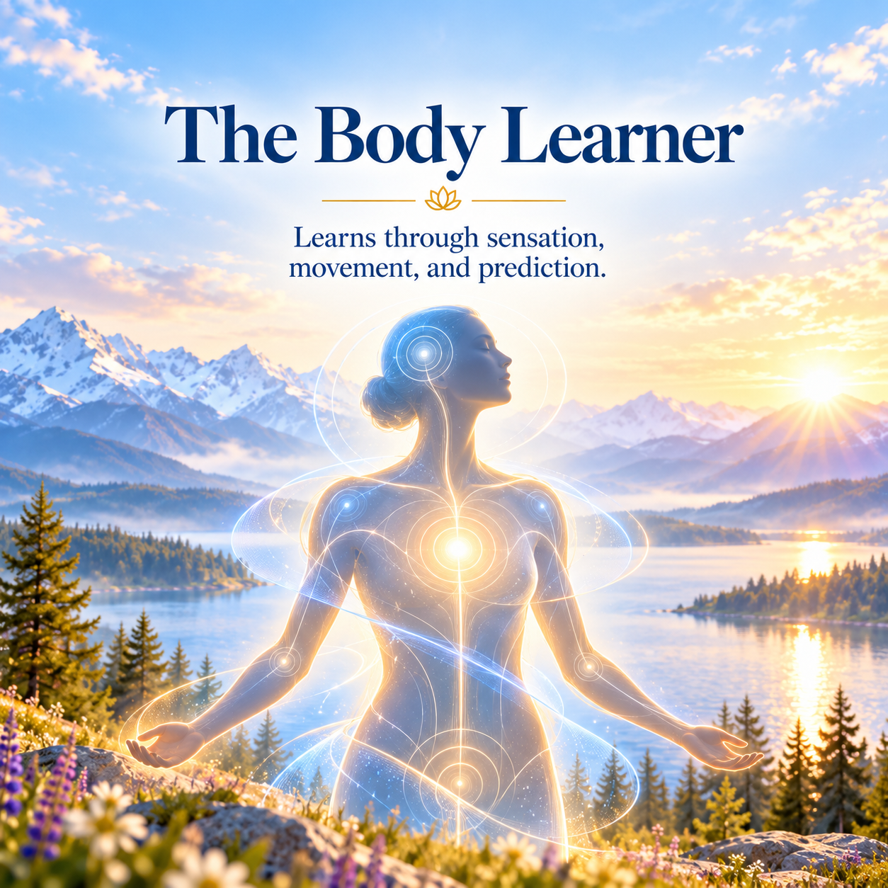 The Body Learner book cover showing a woman in a mountain landscape with glowing lines representing embodied awareness.