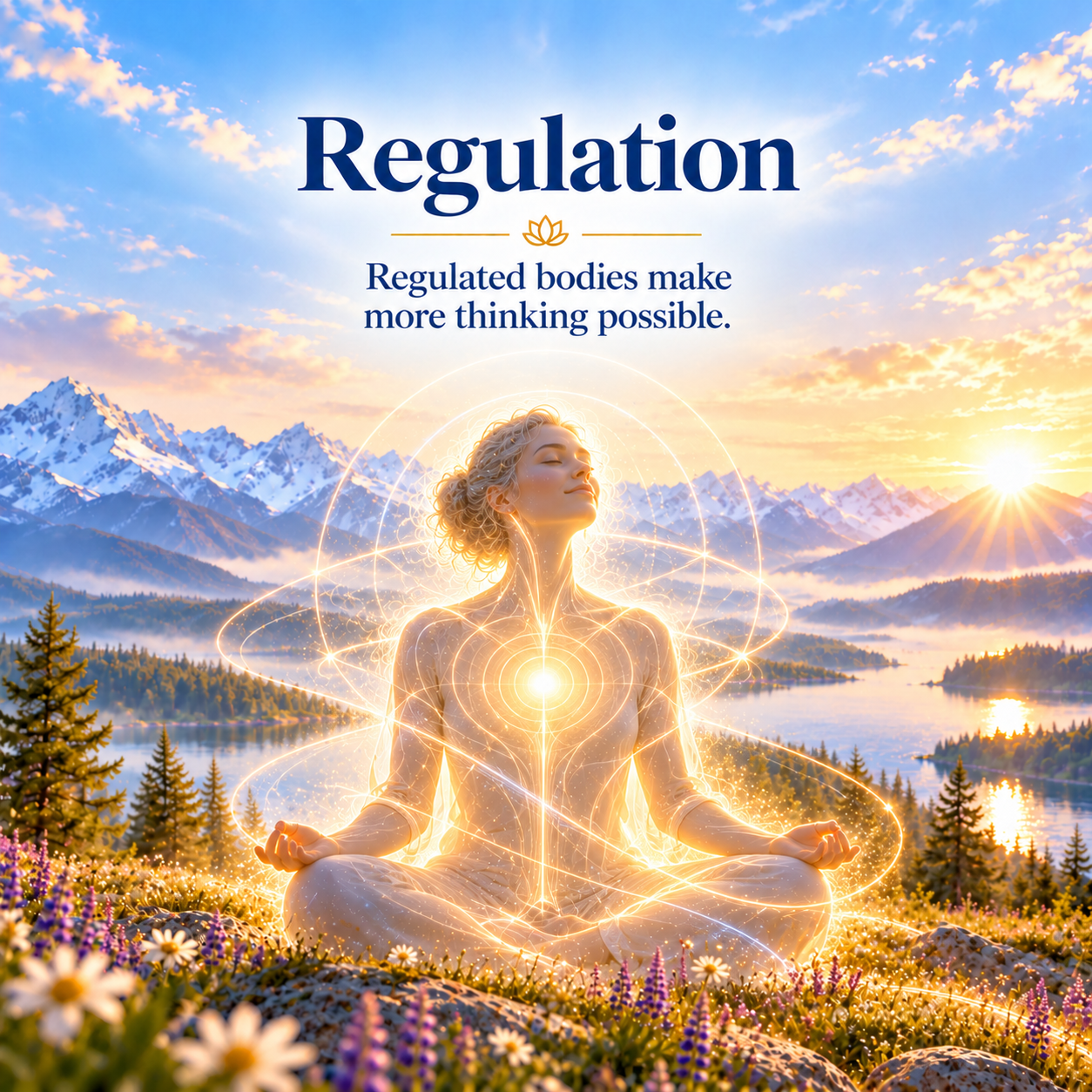 Regulation illustration showing a woman in a mountain landscape surrounded by glowing lines representing body state and regulation.