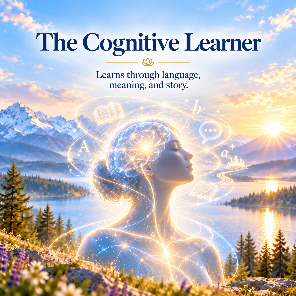 The Cognitive Learner illustration showing a woman with books, symbols, and a glowing brain representing language, meaning, and story.
